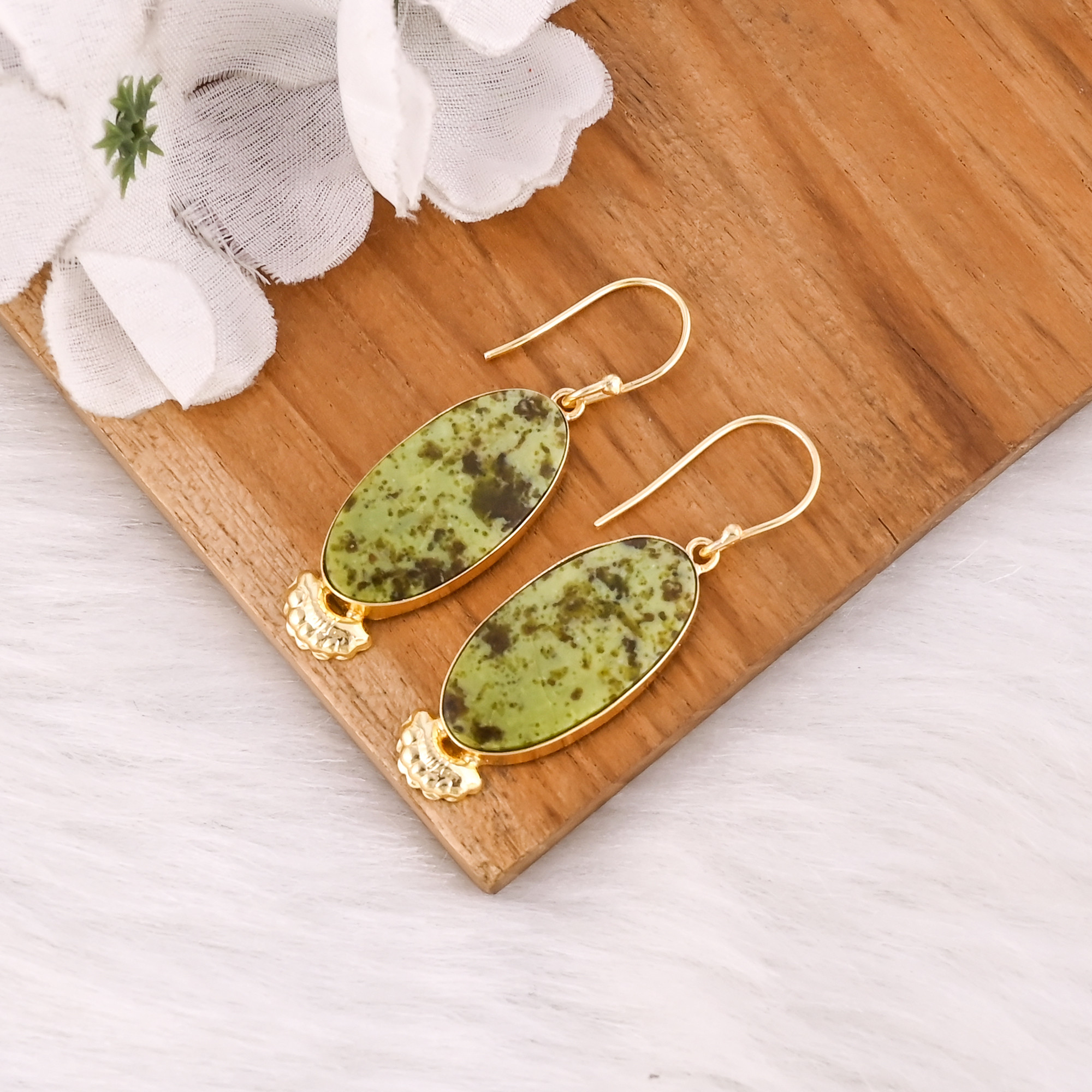 Handmade Classic Style Gold Plated Brass Earrings Green Opal Gemstone Dangle Earring Handcrafted Earring Wholesale Manufacturer