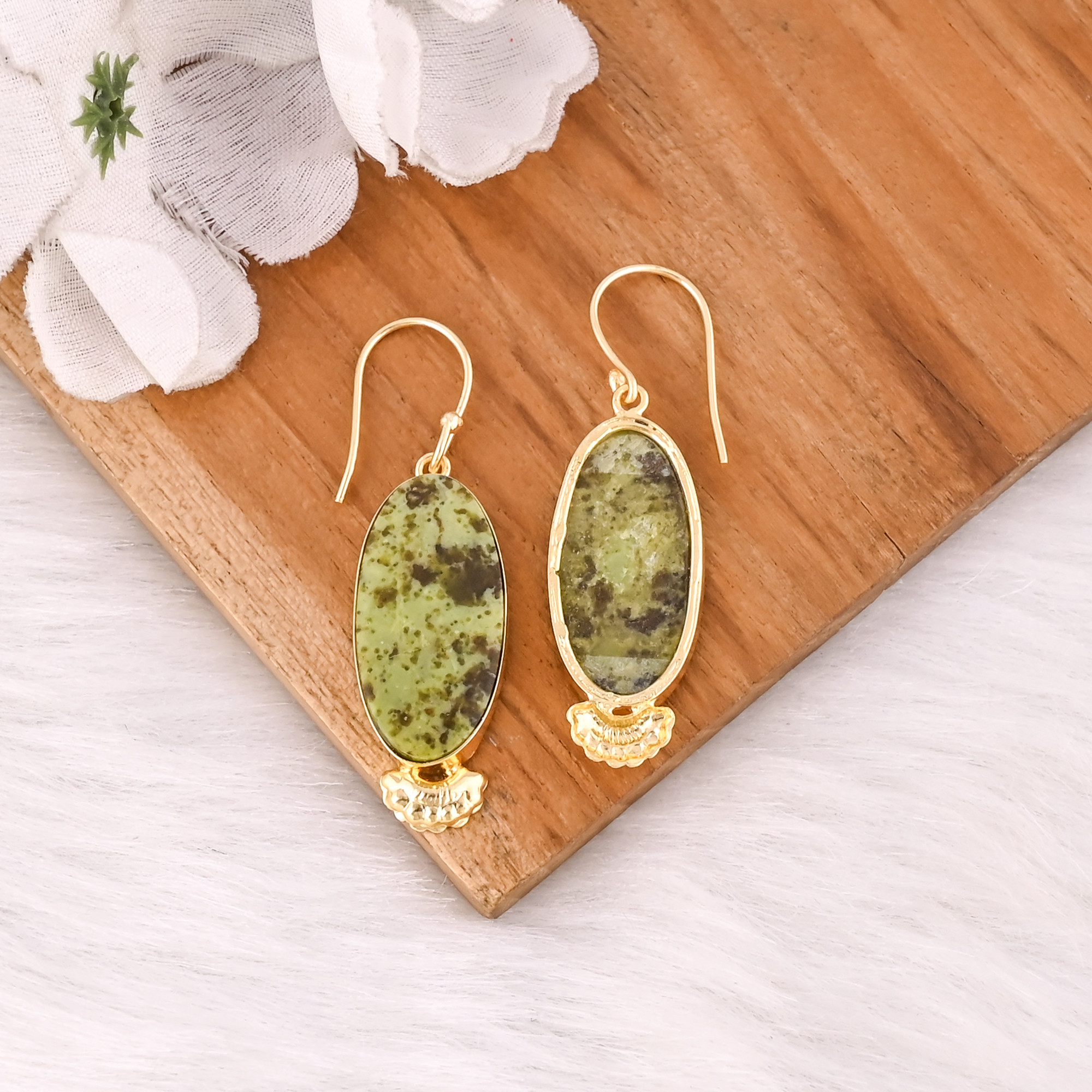 Handmade Classic Style Gold Plated Brass Earrings Green Opal Gemstone Dangle Earring Handcrafted Earring Wholesale Manufacturer