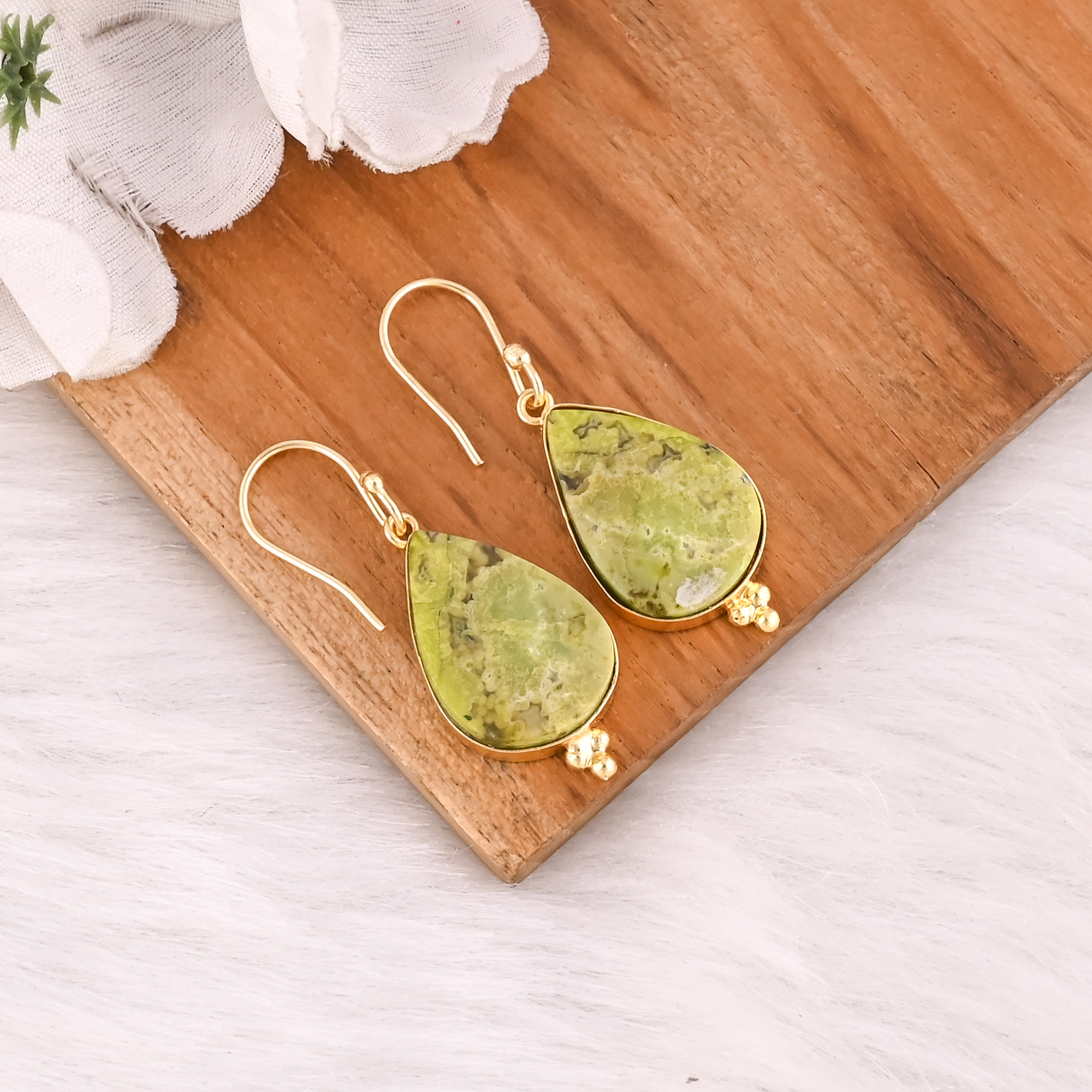 Womens Bohemian Style Brass Green Opal Stone Gold Plated Earrings Fashionable Gift for Weddings Engagements Anniversaries