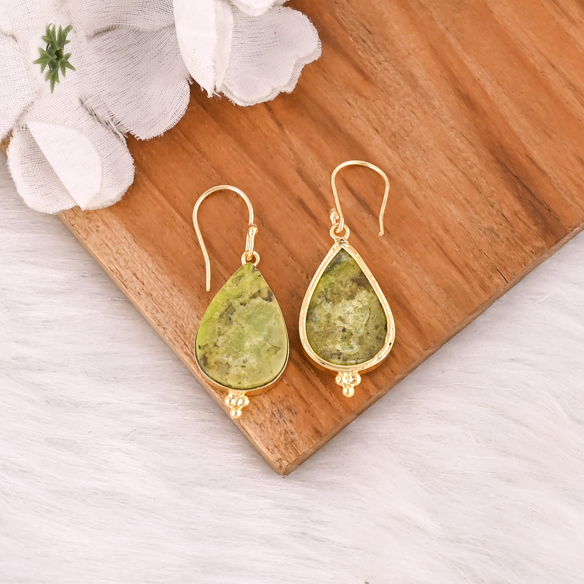 Womens Bohemian Style Brass Green Opal Stone Gold Plated Earrings Fashionable Gift for Weddings Engagements Anniversaries