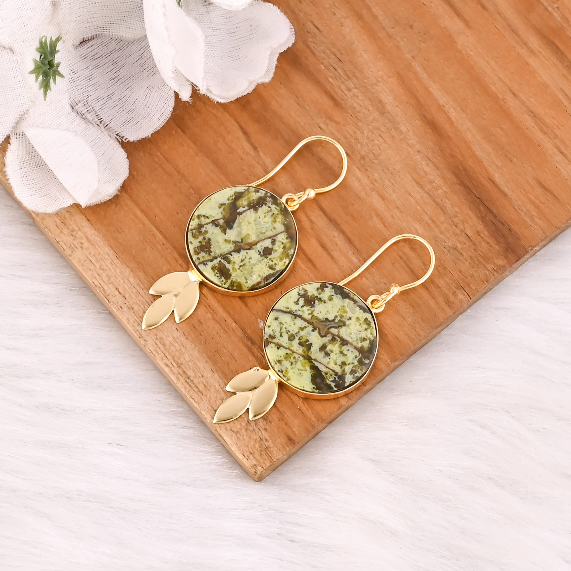 Antique Brass Dangle Earrings For Women Green Opal Gemstone Drop Earrings High-Quality Brass Handmade Earrings Bulk Order