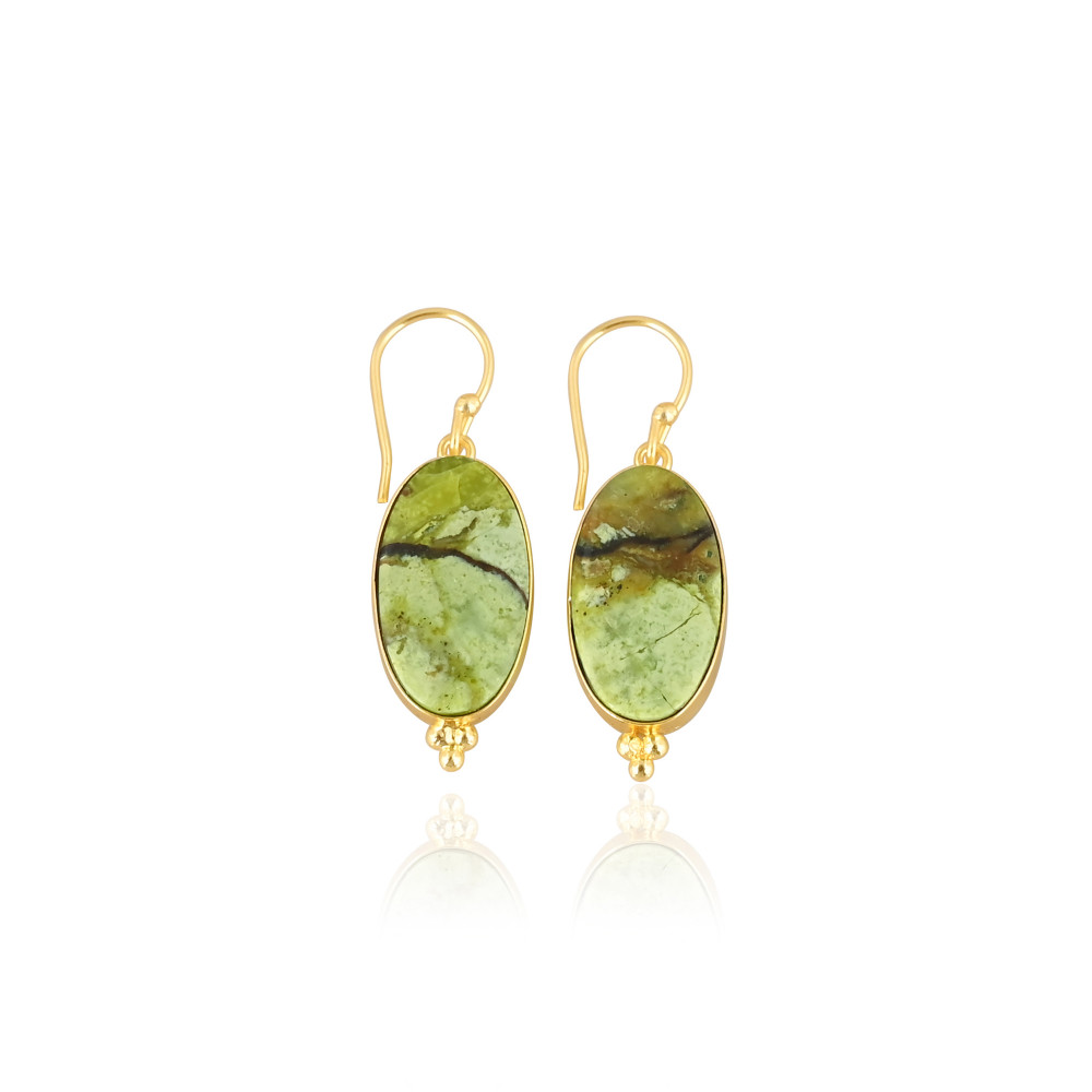 Image of Classic Green Opal Oval Shape Gold-Plated Brass Drop Earrings Trendy Style Alloy Weddings Parties Fashionable Gift Women