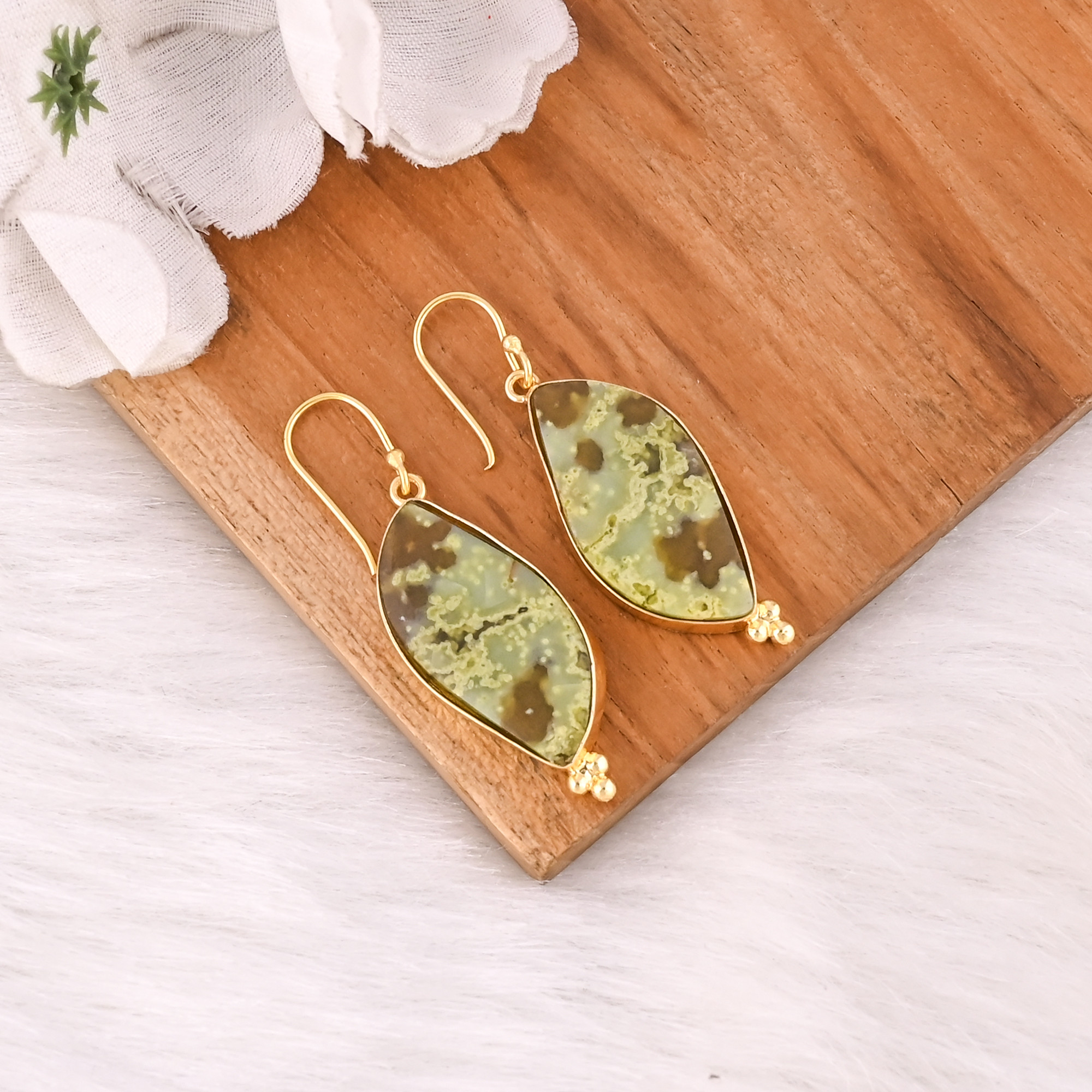 Bohemian Brass Green Opal Gemstone Earrings Handcrafted Ethnic Statement Jewelry High-quality Brass Earrings Bulk Order