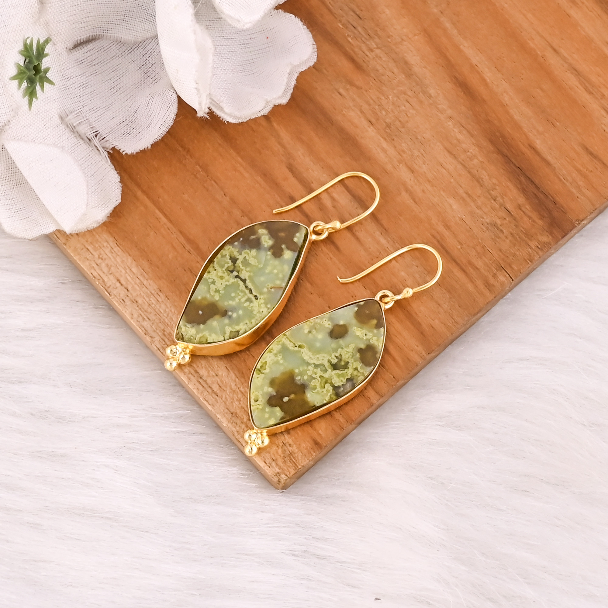Bohemian Brass Green Opal Gemstone Earrings Handcrafted Ethnic Statement Jewelry High-quality Brass Earrings Bulk Order