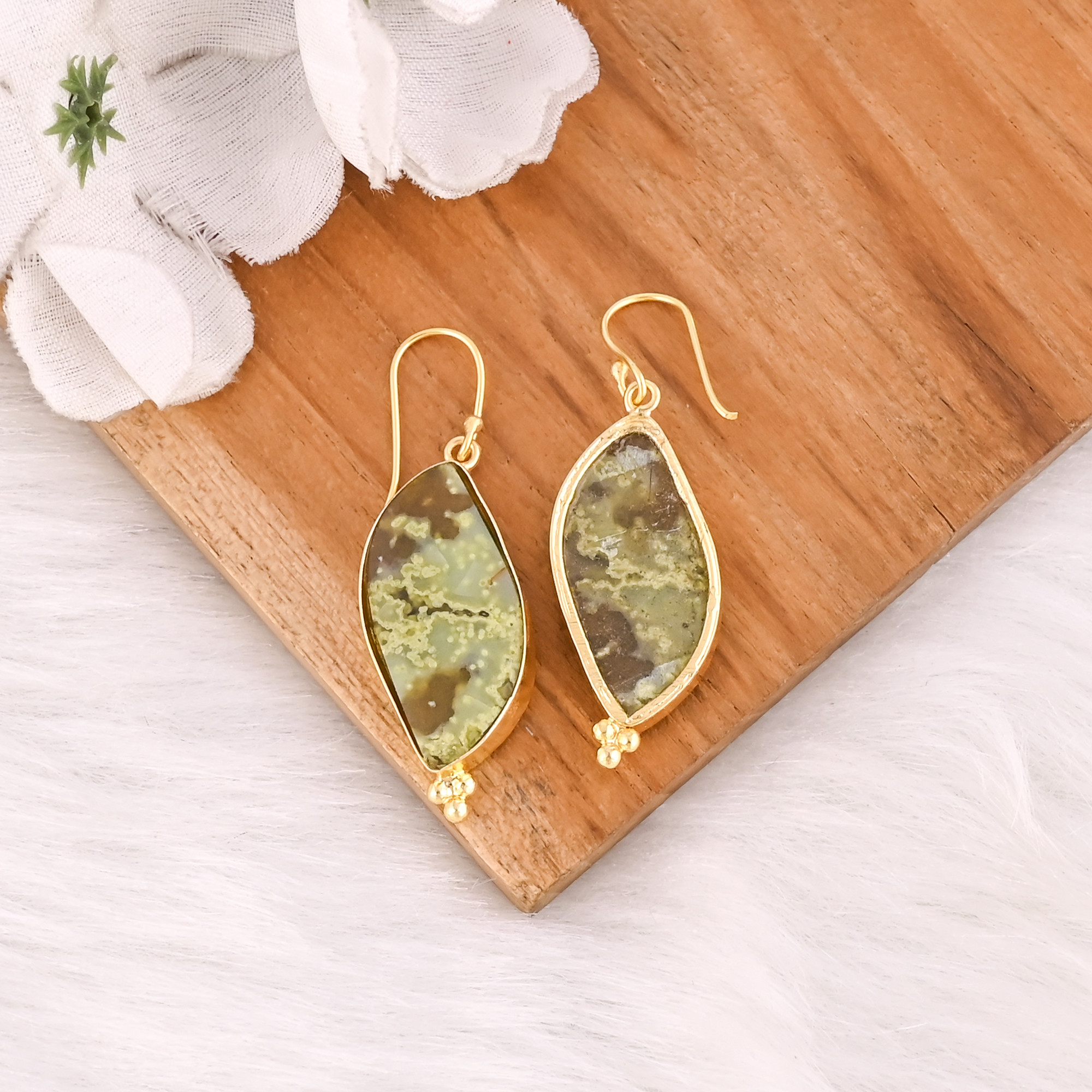Bohemian Brass Green Opal Gemstone Earrings Handcrafted Ethnic Statement Jewelry High-quality Brass Earrings Bulk Order