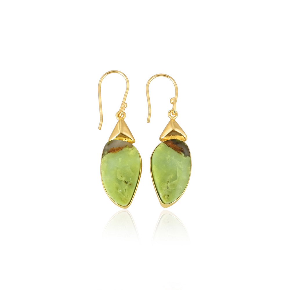 Image of Gold Plated Brass Green Opal Gemstone Earrings Handcrafted Ethnic Statement Jewelry High-quality Brass Earrings Bulk Order