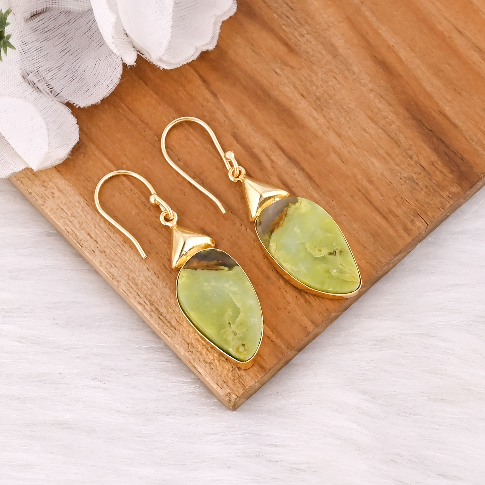 Gold Plated Brass Green Opal Gemstone Earrings Handcrafted Ethnic Statement Jewelry High-quality Brass Earrings Bulk Order
