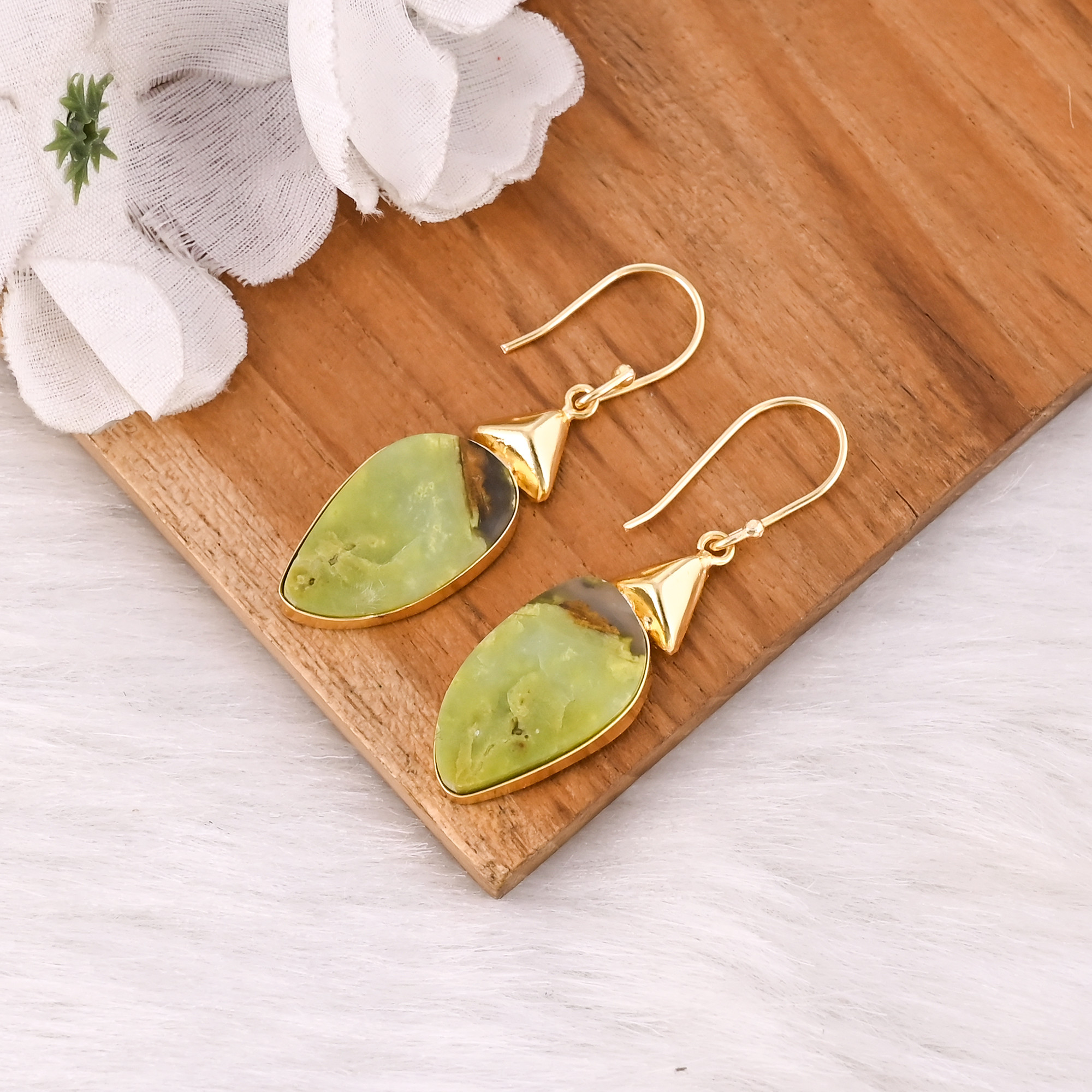 Gold Plated Brass Green Opal Gemstone Earrings Handcrafted Ethnic Statement Jewelry High-quality Brass Earrings Bulk Order