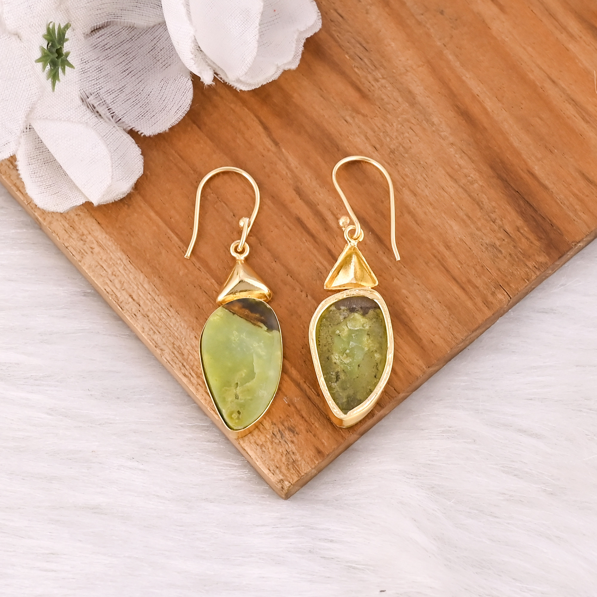 Gold Plated Brass Green Opal Gemstone Earrings Handcrafted Ethnic Statement Jewelry High-quality Brass Earrings Bulk Order
