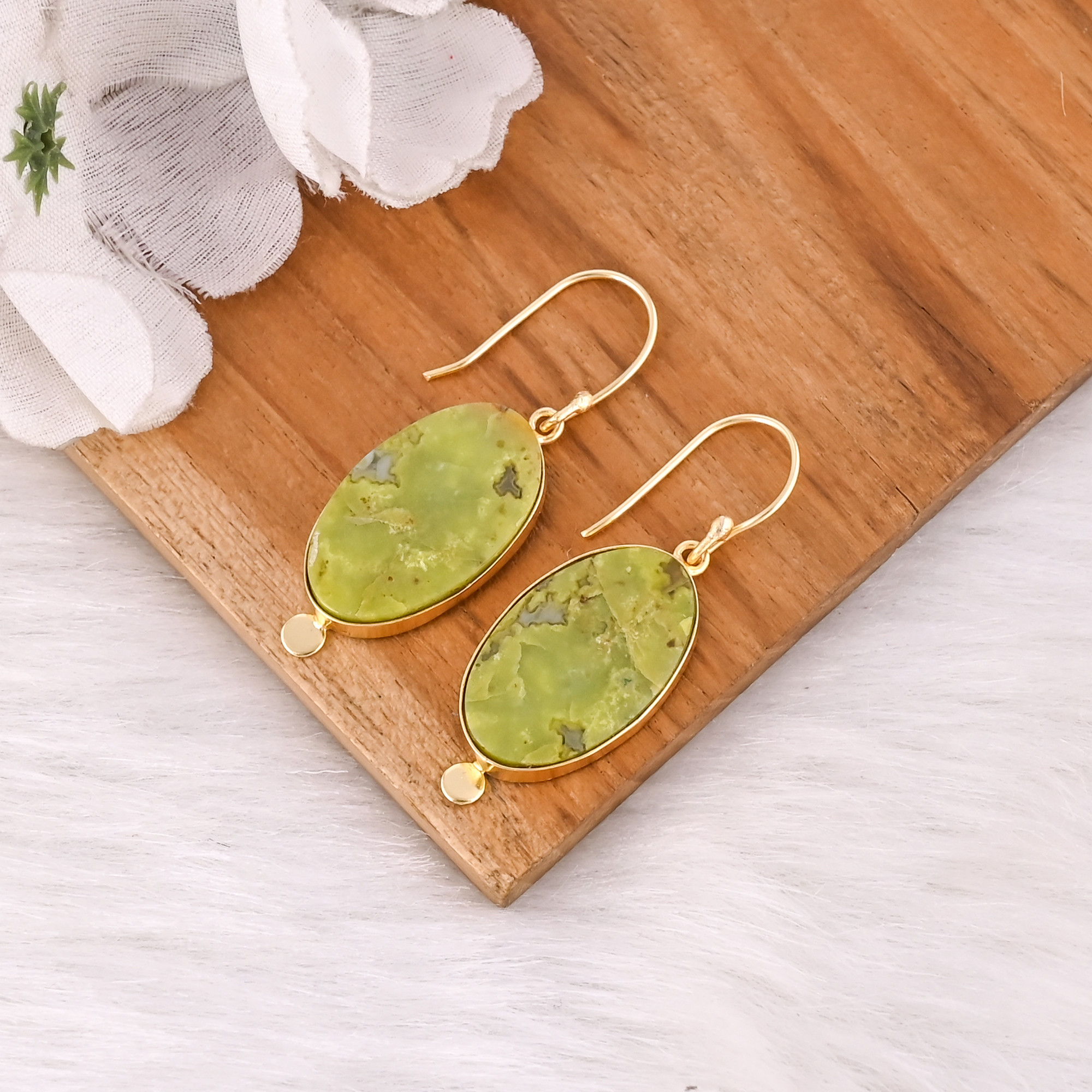 Handmade Brass Yellow Gold Plated Green Opal Stone Earrings For Daily Outfits Trendy Brass Drop Earrings For Special Events Wear