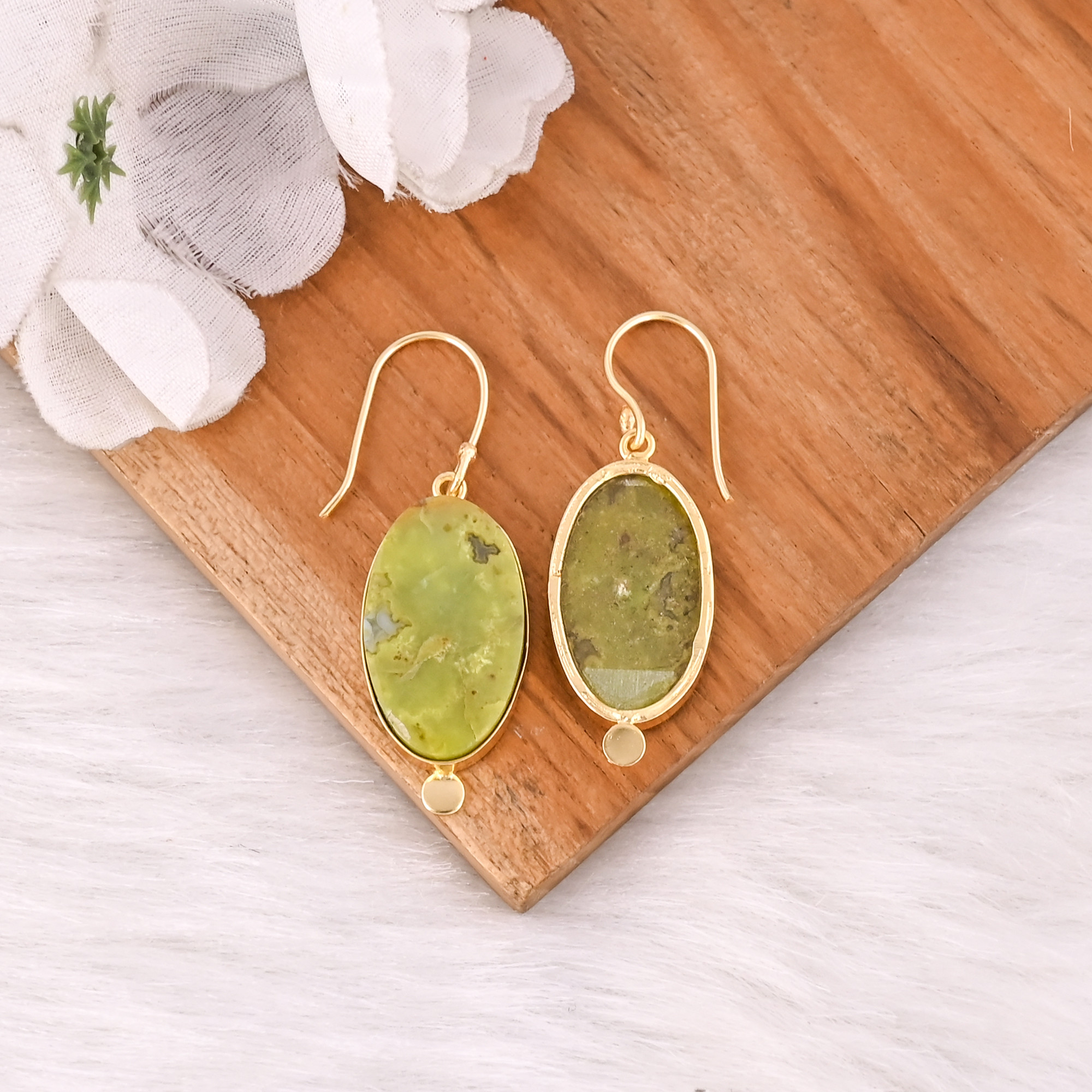 Handmade Brass Yellow Gold Plated Green Opal Stone Earrings For Daily Outfits Trendy Brass Drop Earrings For Special Events Wear