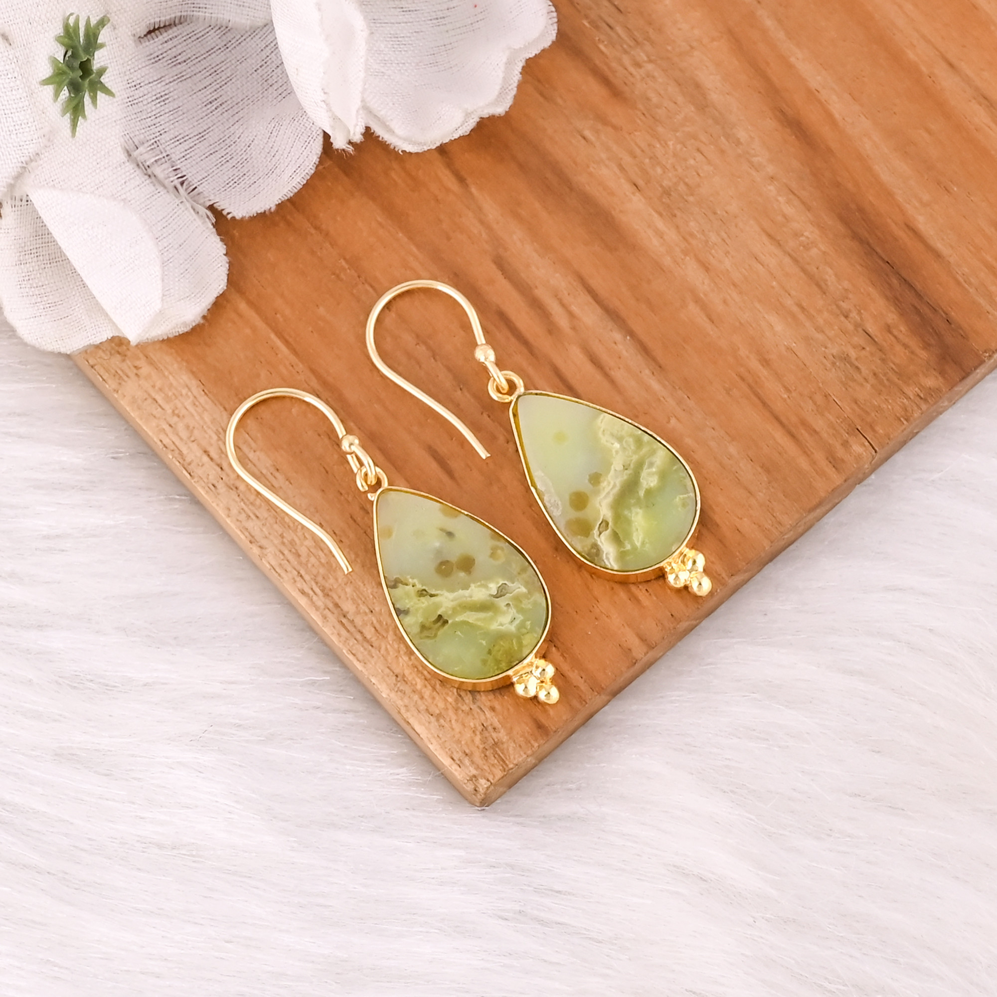 Premium Quality Green Opal Brass Gold Plated Earrings or Statement Earrings at Wholesale Piece for Customized Size Hot Sale