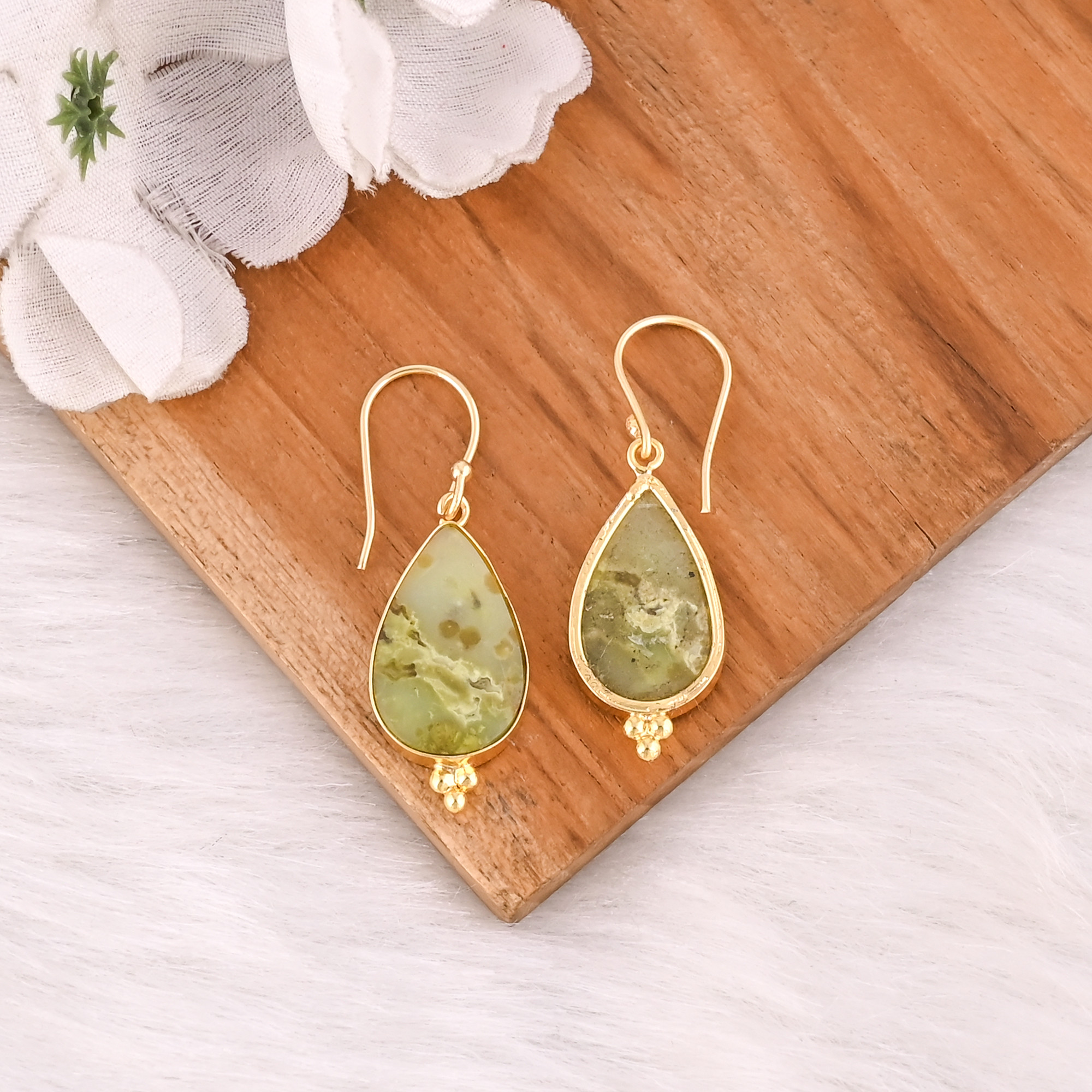 Premium Quality Green Opal Brass Gold Plated Earrings or Statement Earrings at Wholesale Piece for Customized Size Hot Sale