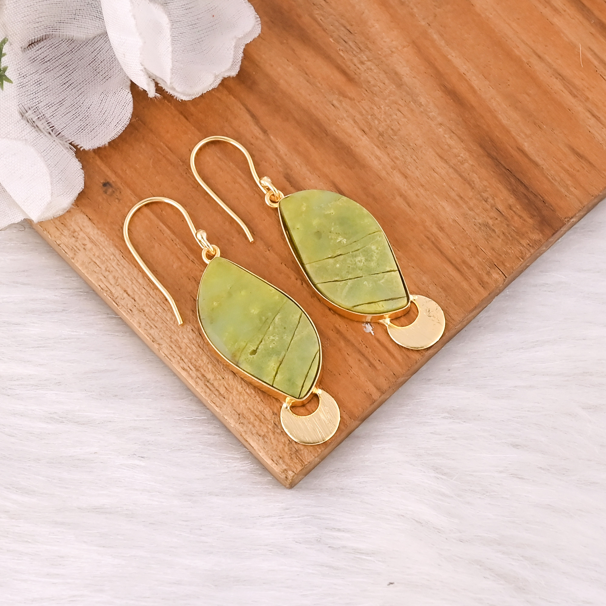 Wholesale Natural Green Opal Fancy Gemstone Earring Gold Plated Hanging Dangling Womens Casual Wear Gift for Her