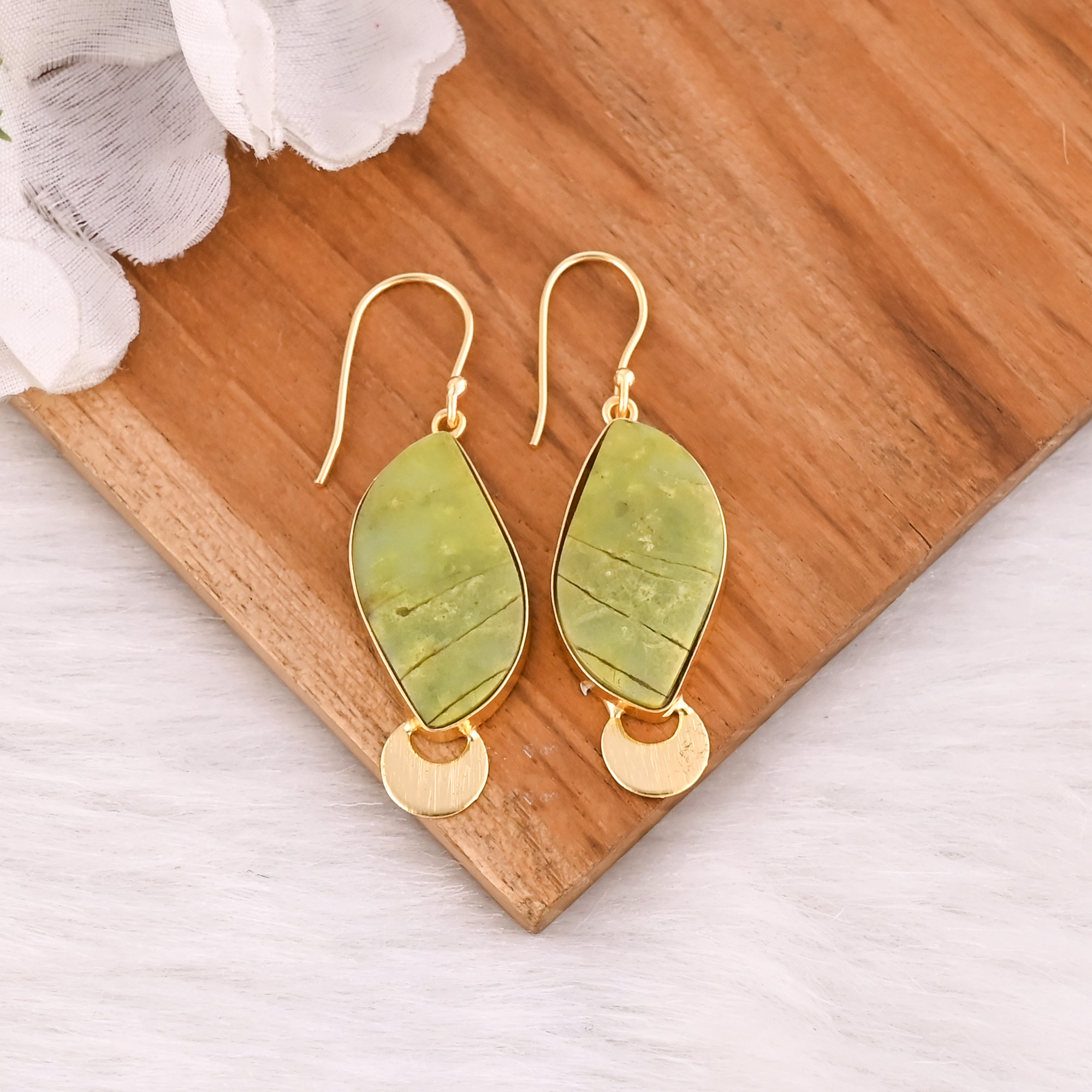 Wholesale Natural Green Opal Fancy Gemstone Earring Gold Plated Hanging Dangling Womens Casual Wear Gift for Her