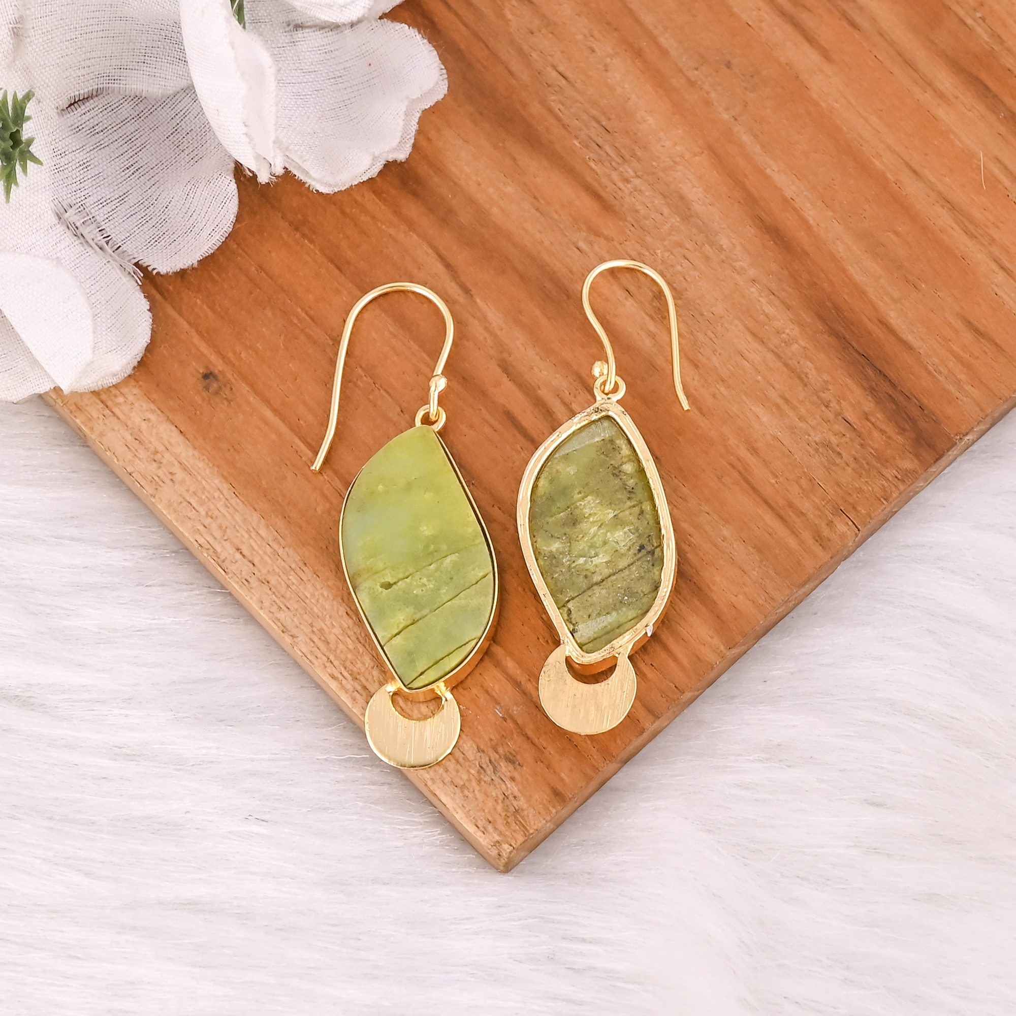 Wholesale Natural Green Opal Fancy Gemstone Earring Gold Plated Hanging Dangling Womens Casual Wear Gift for Her