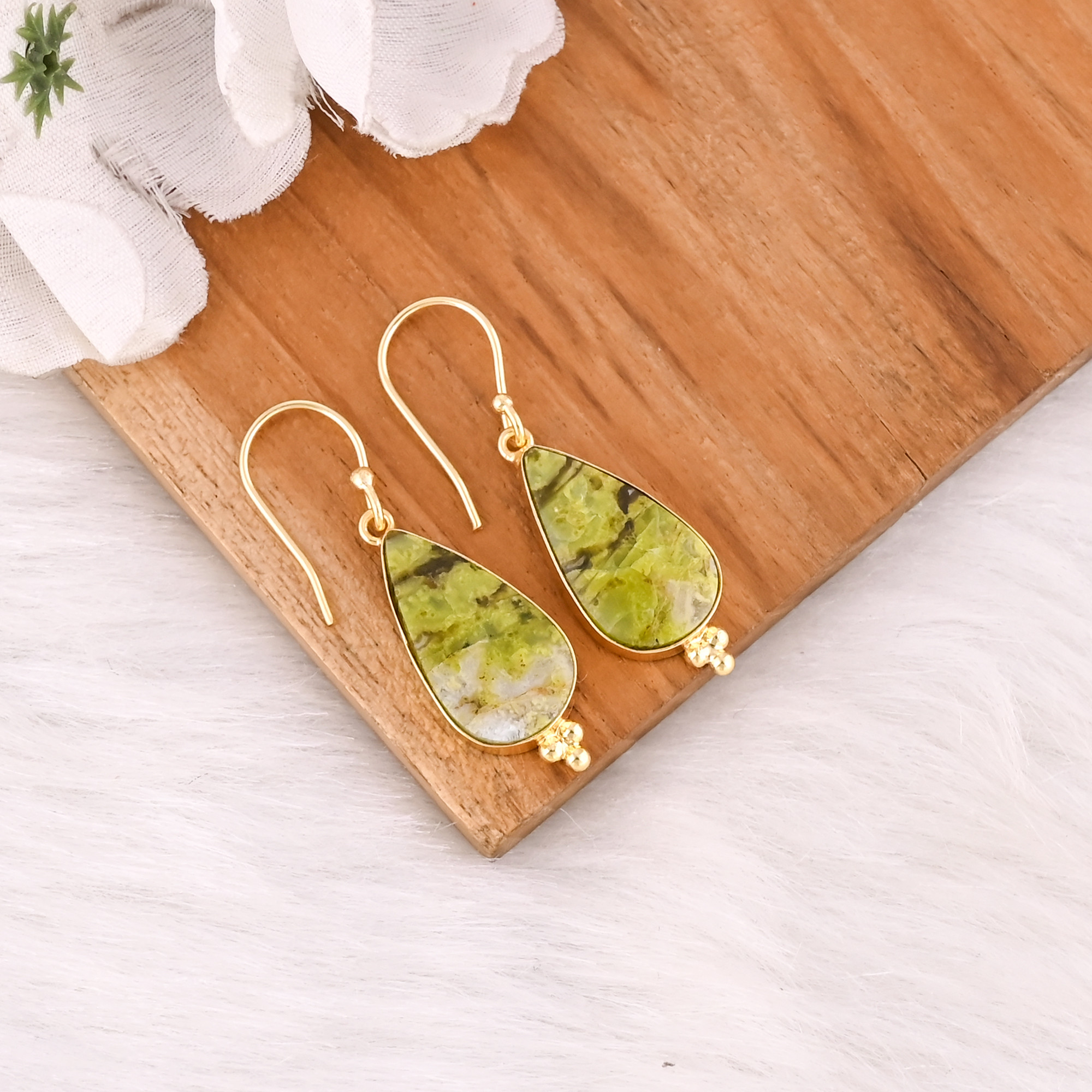 High Quality Natural Stone Green Opal Hook Earring With Yellow Gold Plated Bezel Set Handmade Jewelry Earrings