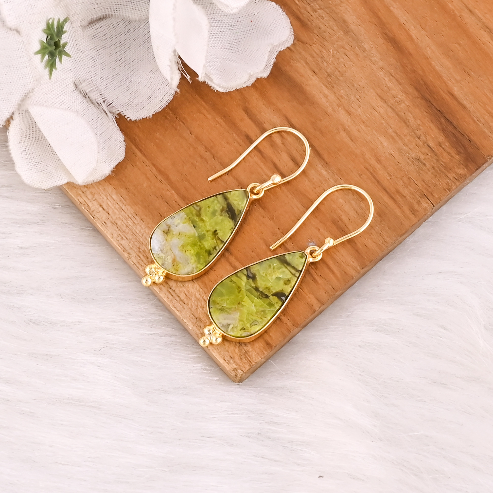 High Quality Natural Stone Green Opal Hook Earring With Yellow Gold Plated Bezel Set Handmade Jewelry Earrings