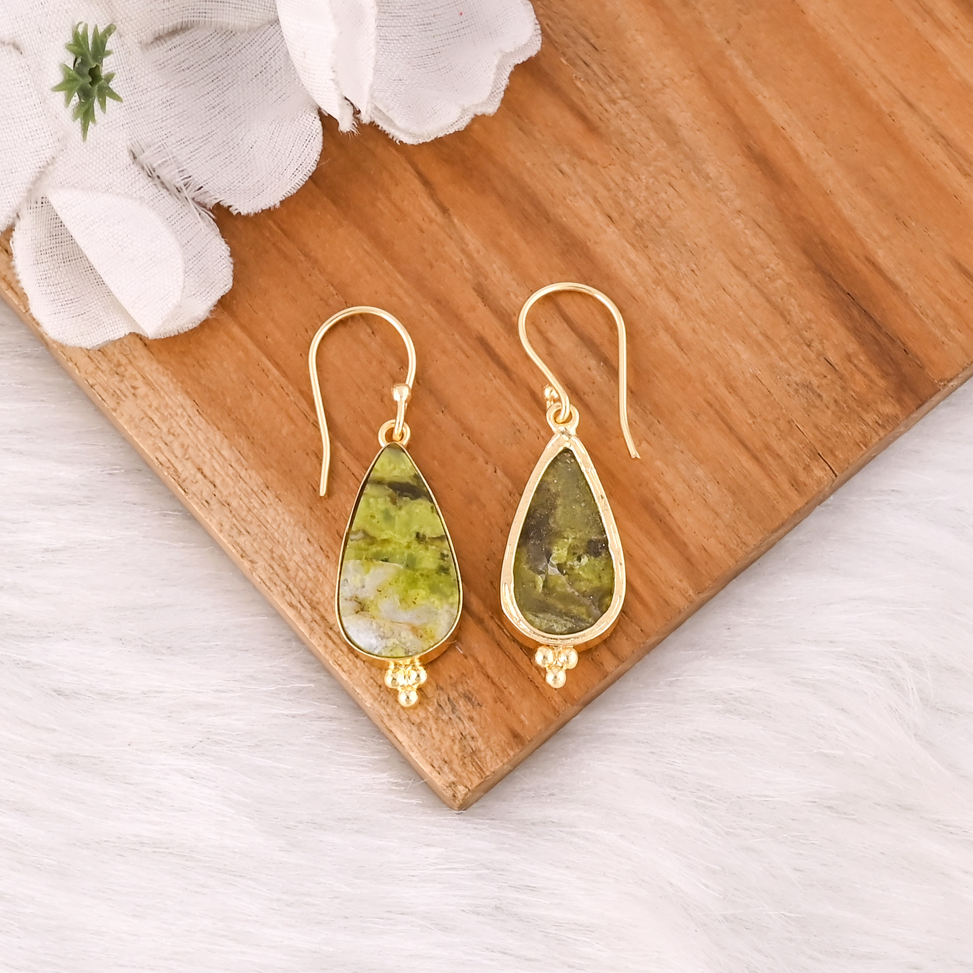 High Quality Natural Stone Green Opal Hook Earring With Yellow Gold Plated Bezel Set Handmade Jewelry Earrings
