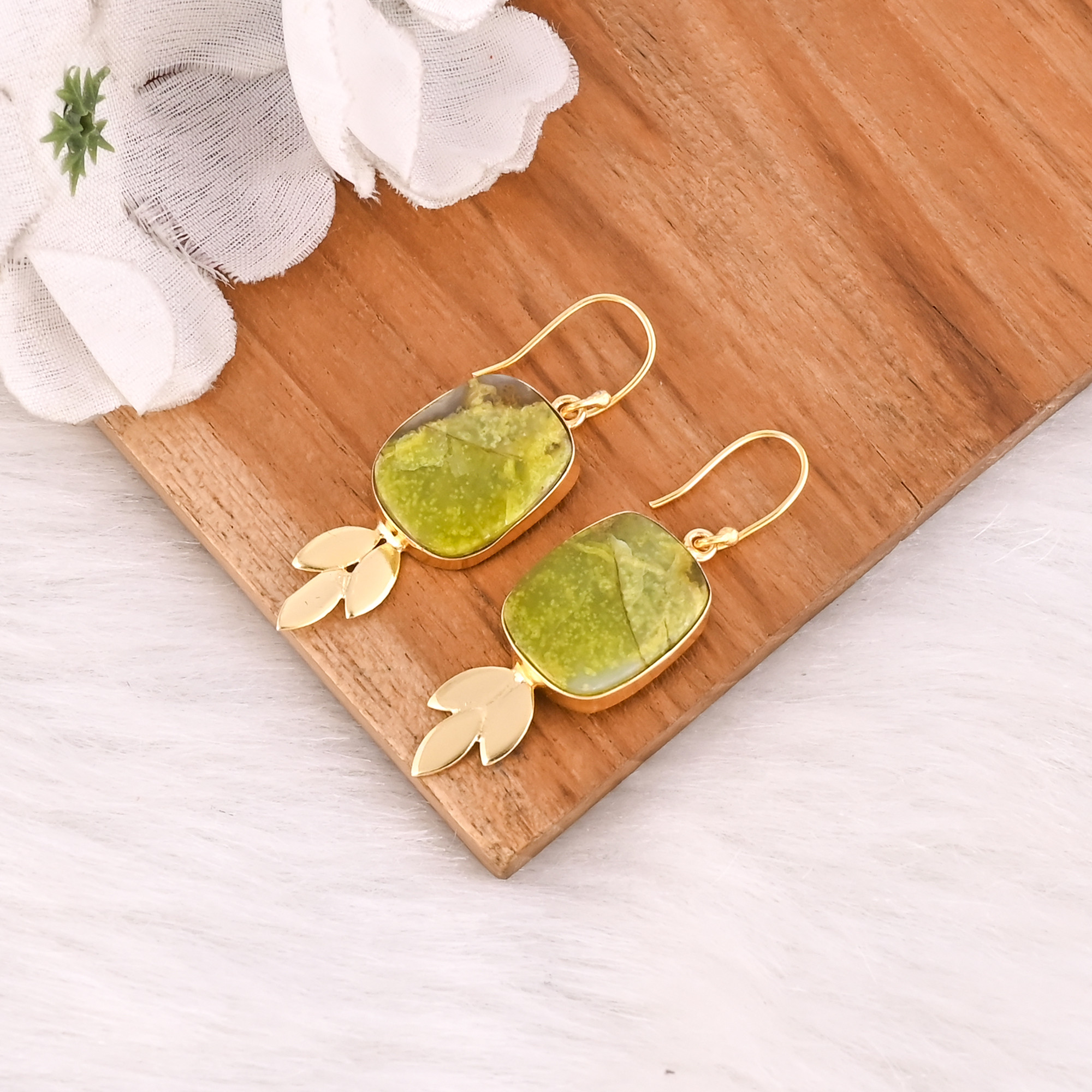 Wholesale Brass Statement Earrings Authentic Green Opal Gemstone Jewelry Antique Brass Finish Gold Plated Fashion Forward Style