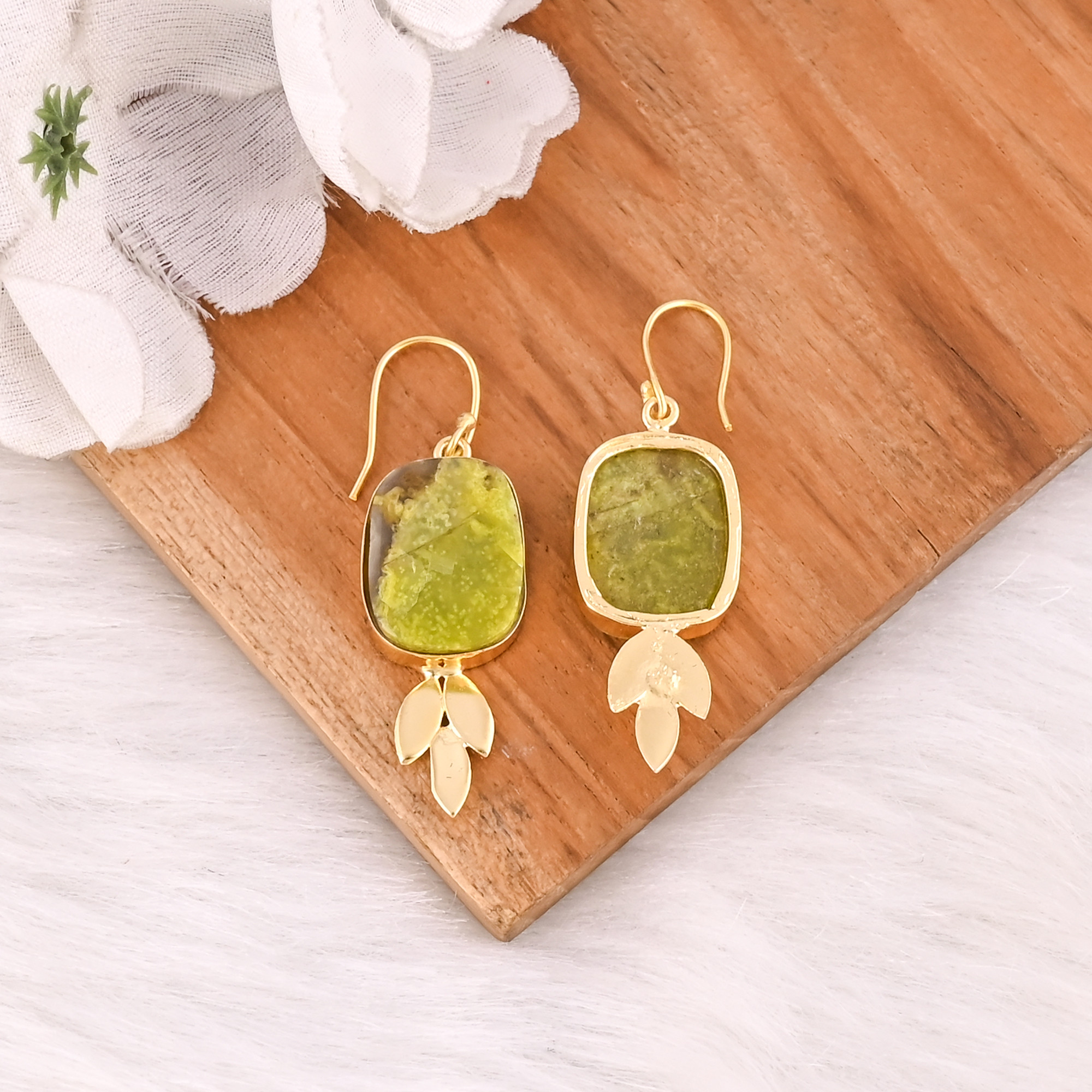 Wholesale Brass Statement Earrings Authentic Green Opal Gemstone Jewelry Antique Brass Finish Gold Plated Fashion Forward Style