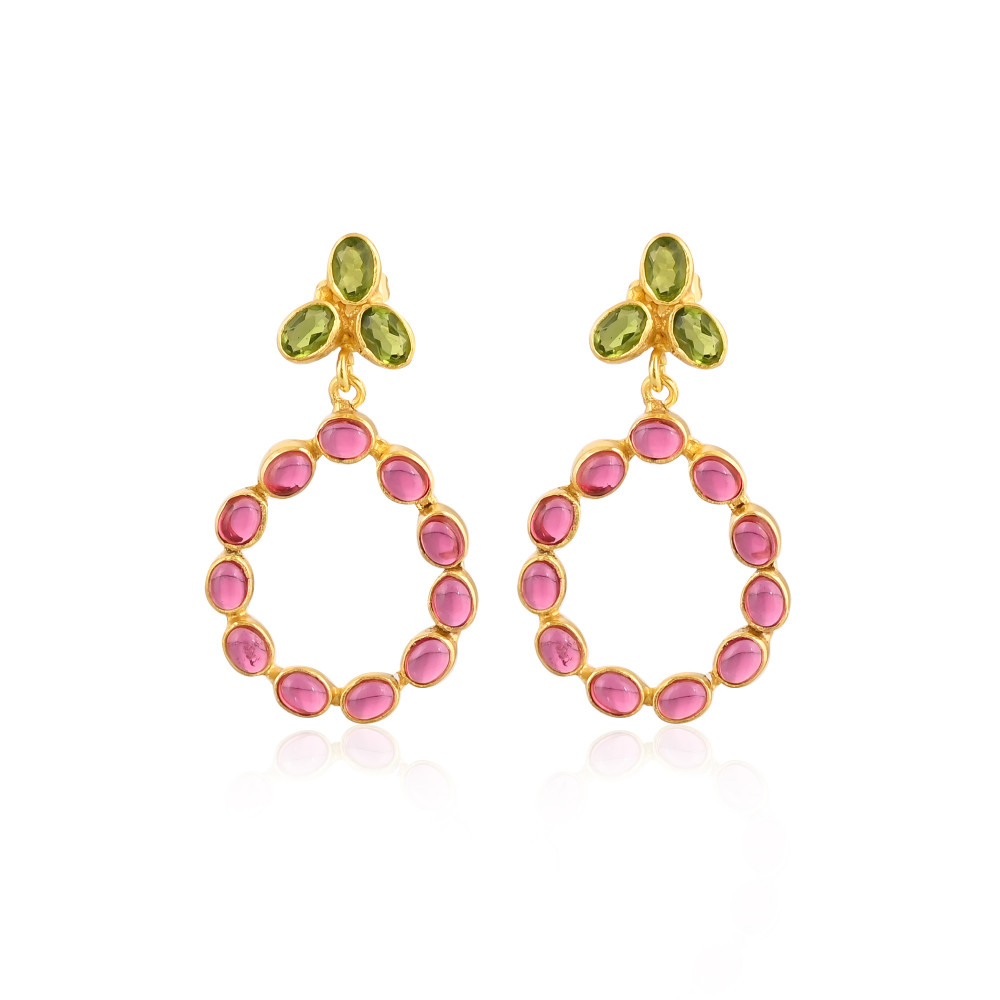 Image of Women's Drop Earring Natural Tourmaline Peridot Gemstone Women's Stud Earrings Gold Plated Jewelry 925 Sterling Silver Earrings