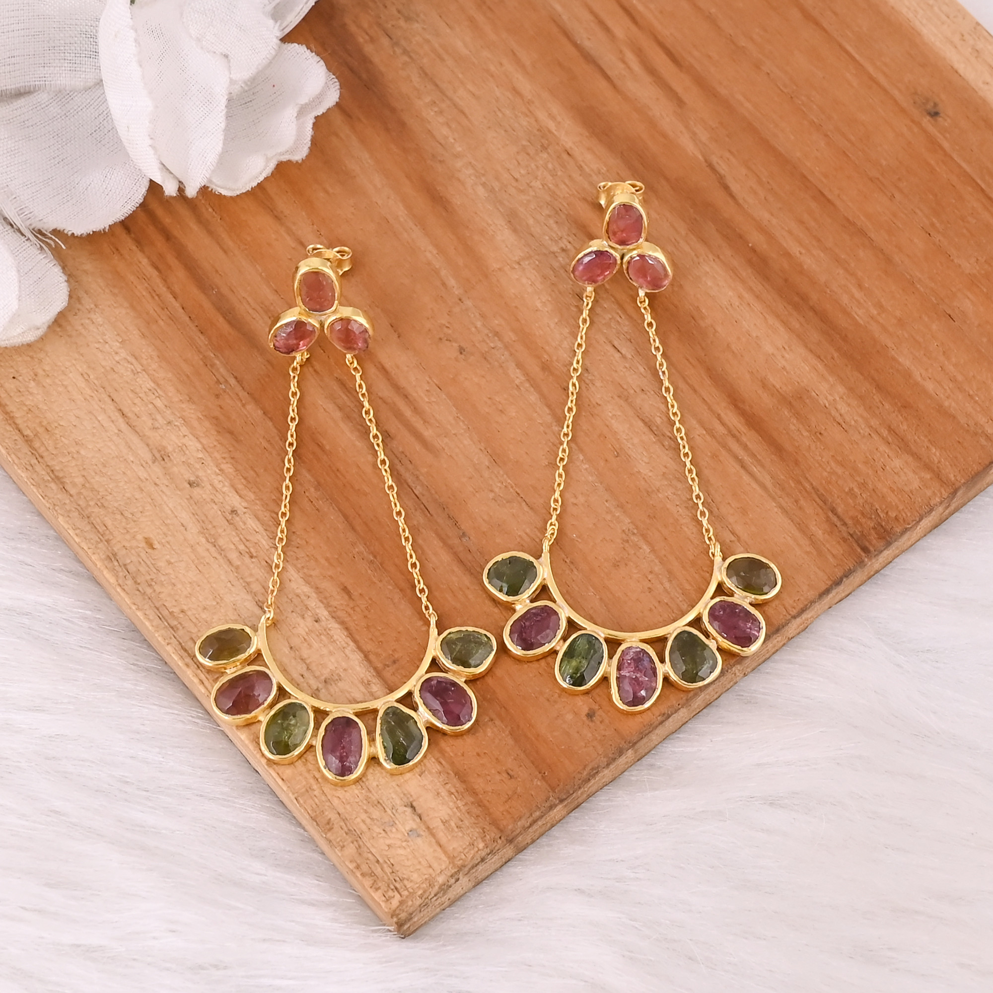 Womens 925 Sterling Silver Lovely Earrings Natural Tourmaline Stone Push Back Dangle Drop Stud Earrings Trendy Statement