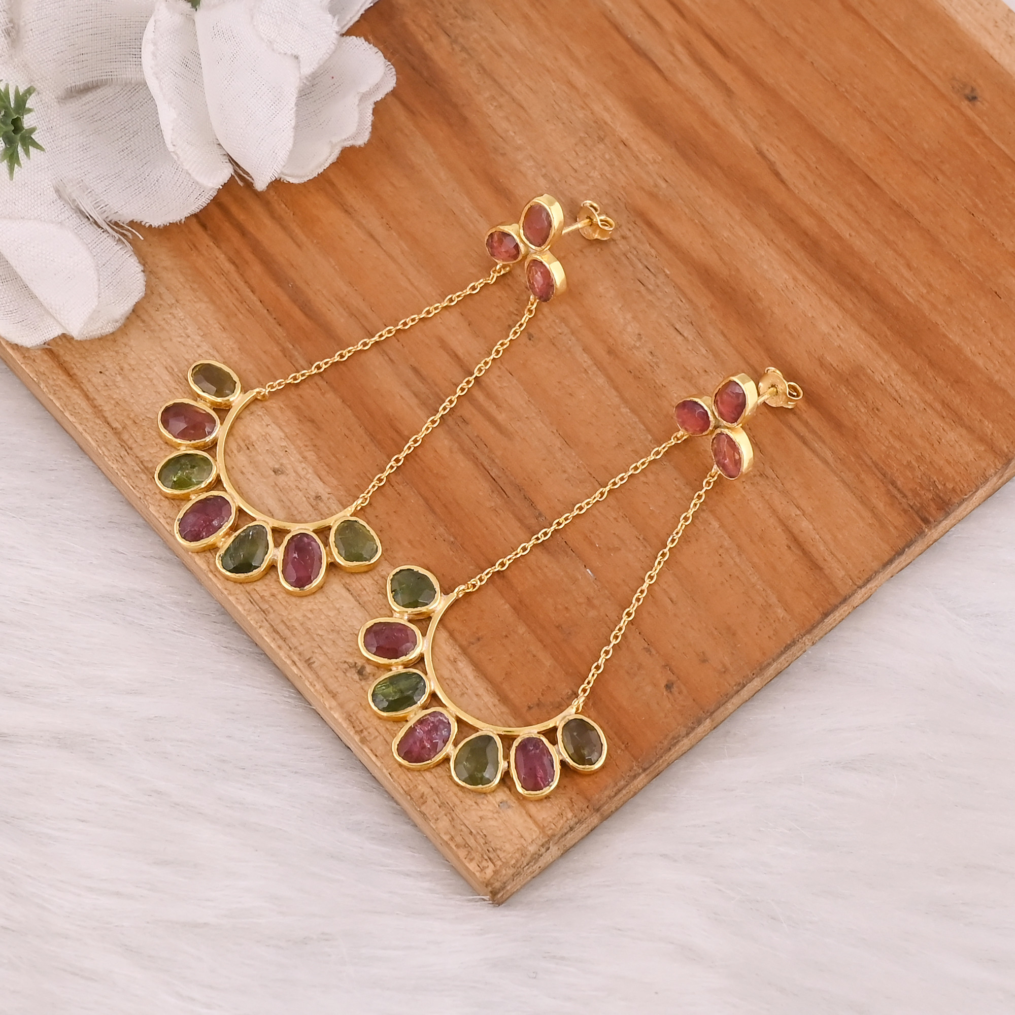 Womens 925 Sterling Silver Lovely Earrings Natural Tourmaline Stone Push Back Dangle Drop Stud Earrings Trendy Statement