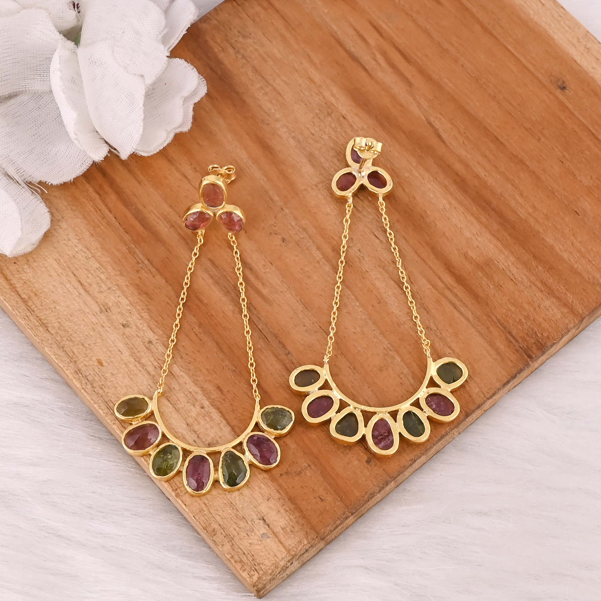 Womens 925 Sterling Silver Lovely Earrings Natural Tourmaline Stone Push Back Dangle Drop Stud Earrings Trendy Statement