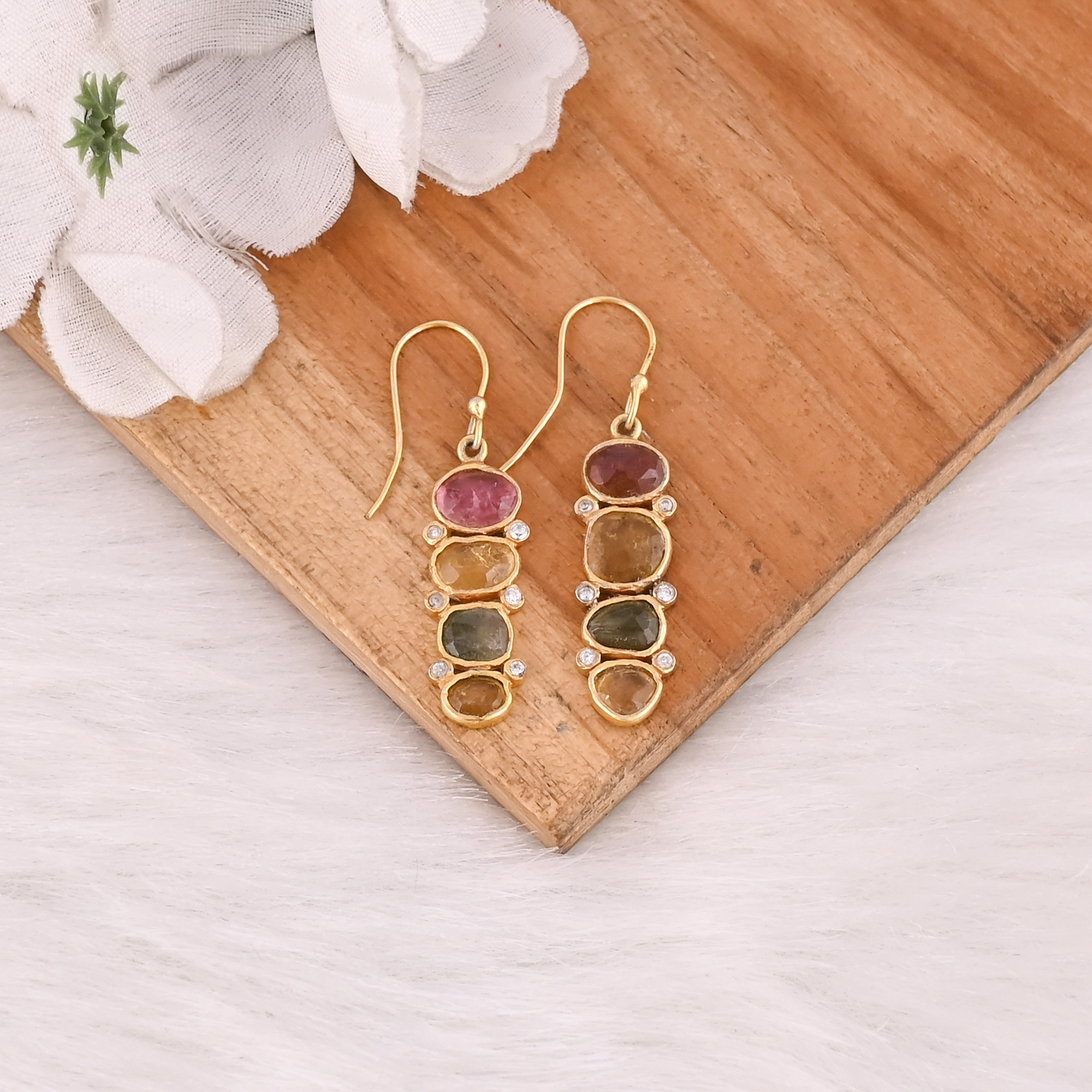 Womens Drop Earring Natural Tourmaline Gemstone Birthstone Gift Handmade Gold Plated Jewelry 925 Sterling Silver Earrings