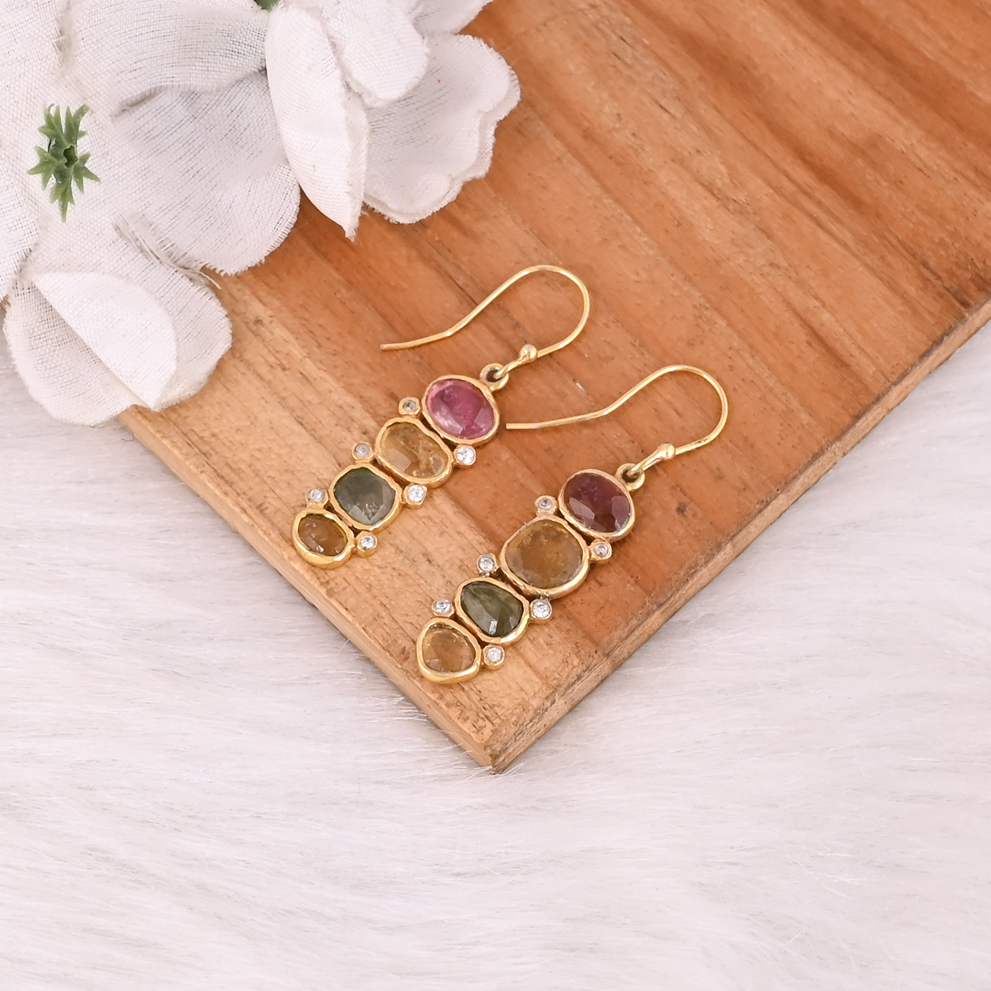 Womens Drop Earring Natural Tourmaline Gemstone Birthstone Gift Handmade Gold Plated Jewelry 925 Sterling Silver Earrings
