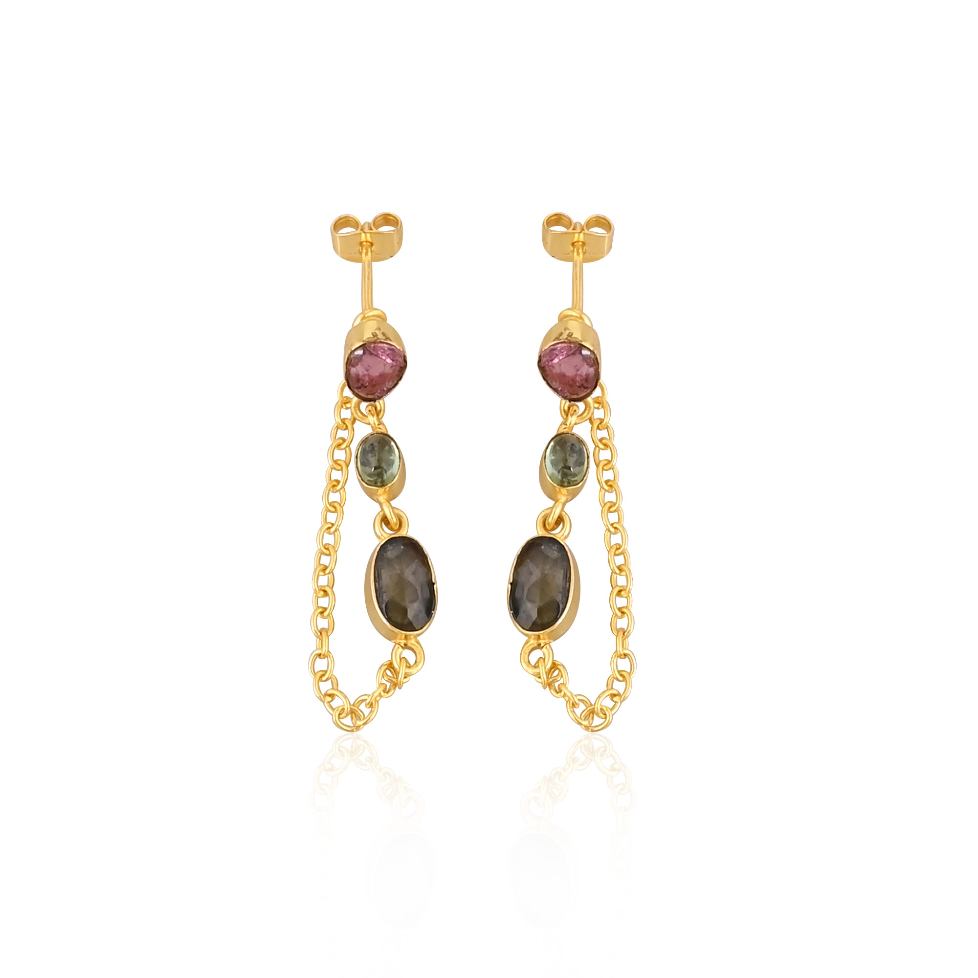 Luxury Gold Plated Earrings 925 Sterling Silver Natural Multi Tourmaline Gemstone Dangle Drop Stud Earring Women Jewelry