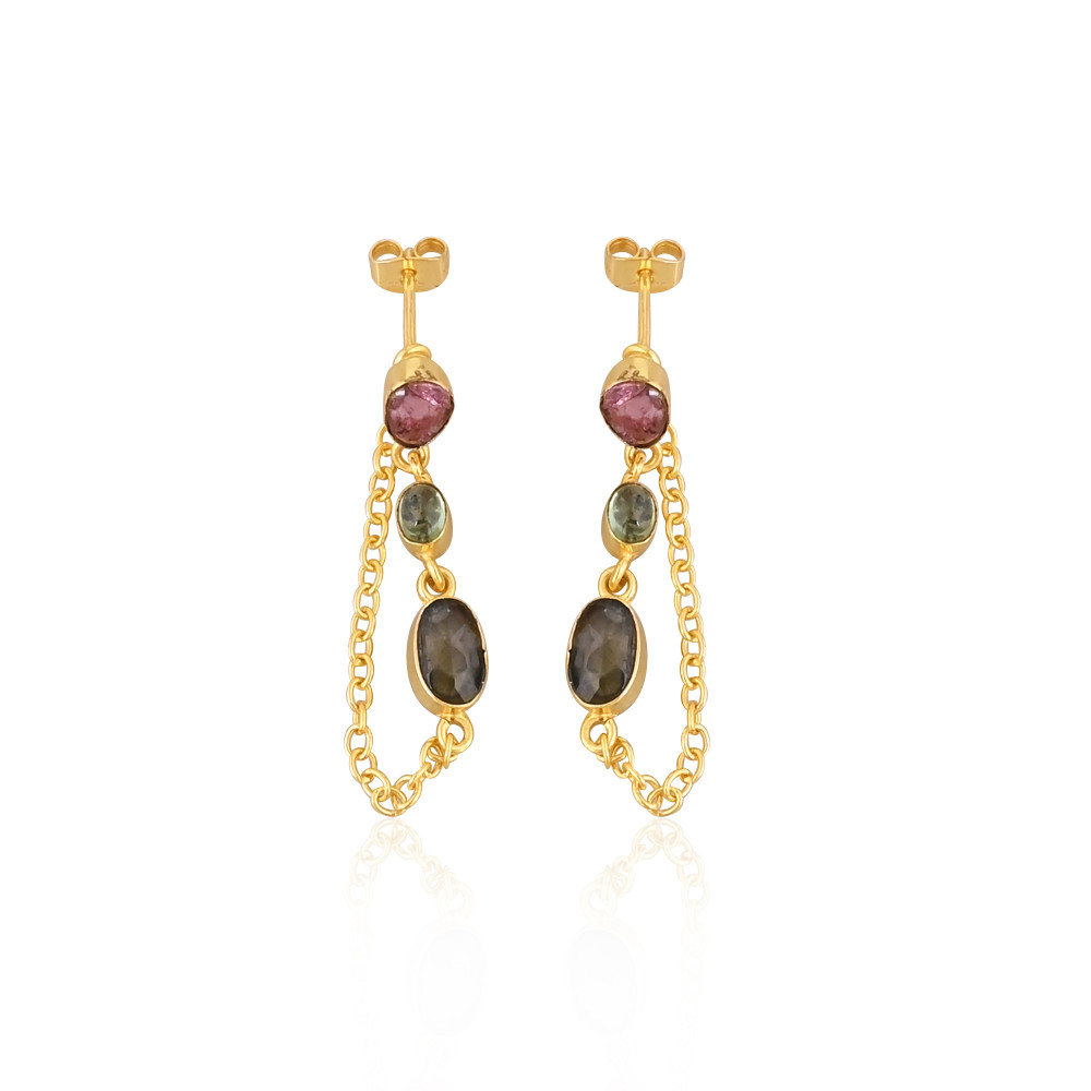 Image of Luxury Gold Plated Earrings 925 Sterling Silver Natural Multi Tourmaline Gemstone Dangle Drop Stud Earring Women Jewelry