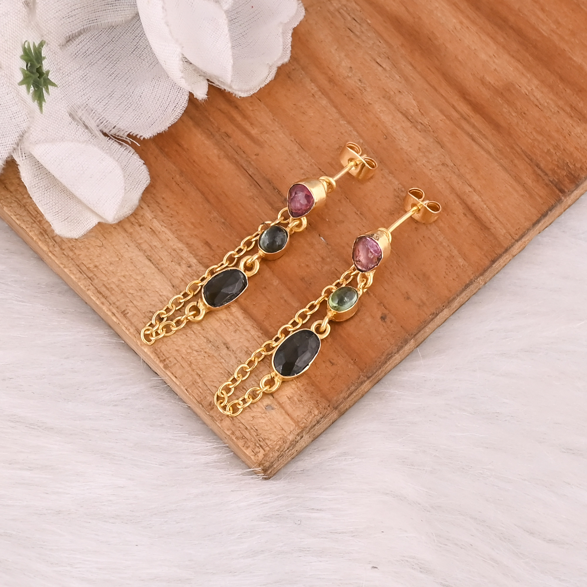 Luxury Gold Plated Earrings 925 Sterling Silver Natural Multi Tourmaline Gemstone Dangle Drop Stud Earring Women Jewelry