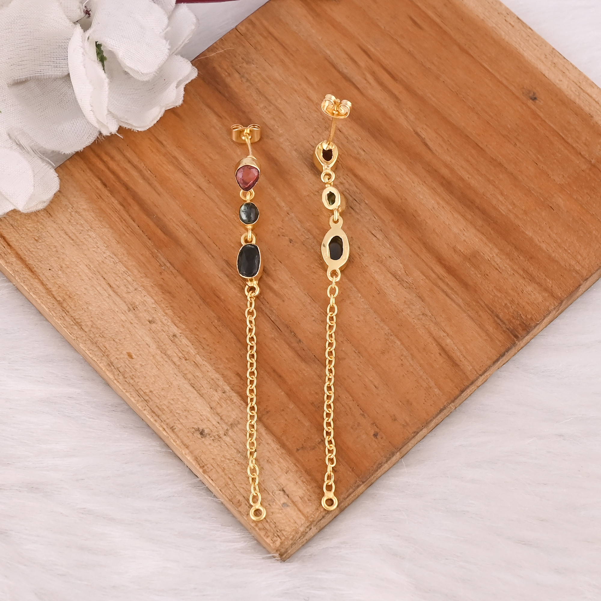 Luxury Gold Plated Earrings 925 Sterling Silver Natural Multi Tourmaline Gemstone Dangle Drop Stud Earring Women Jewelry