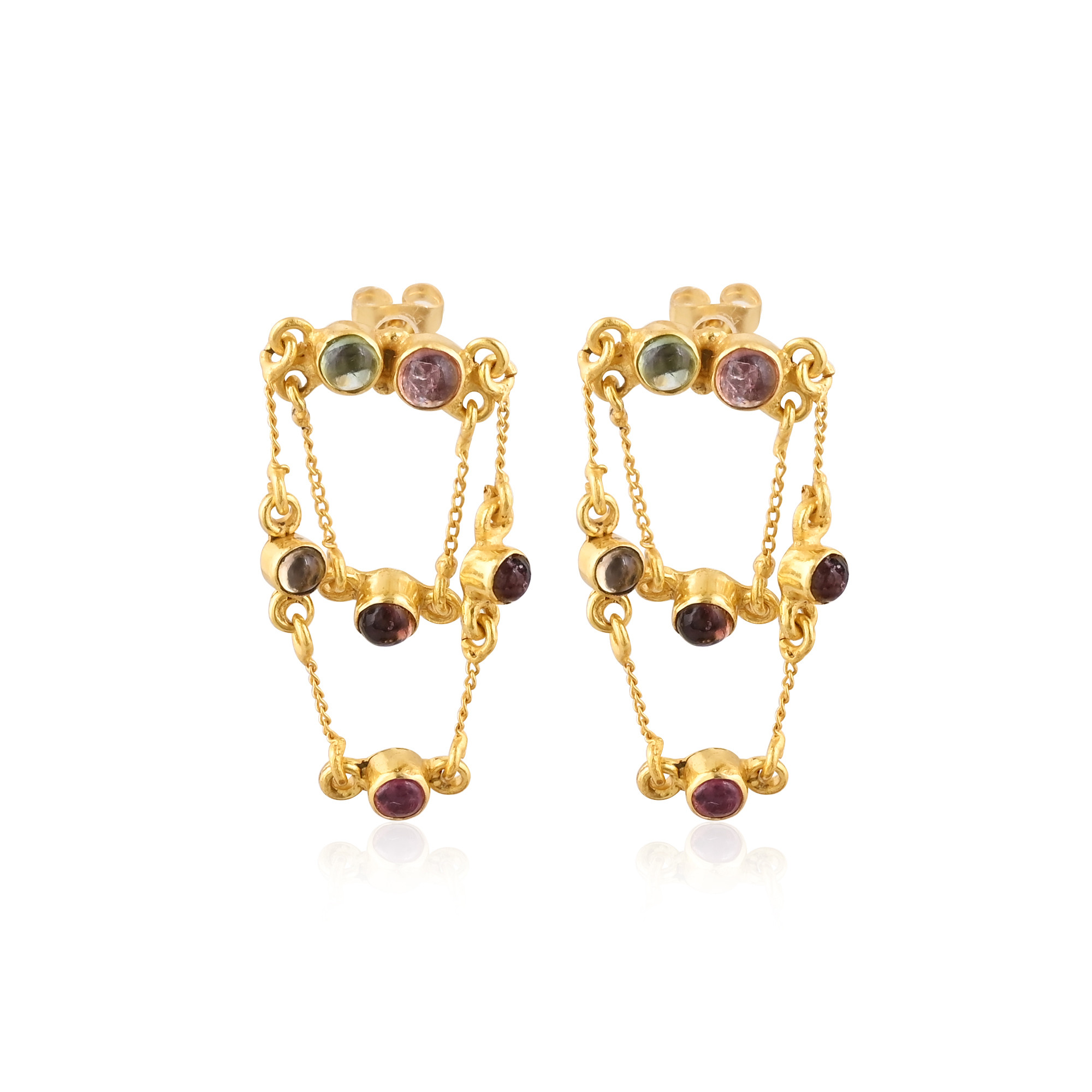 Natural Multi Tourmaline Gold Plated Stud Earring 925 Sterling Silver Push Back Stud Women Anniversary Gift Wholesale Bulk