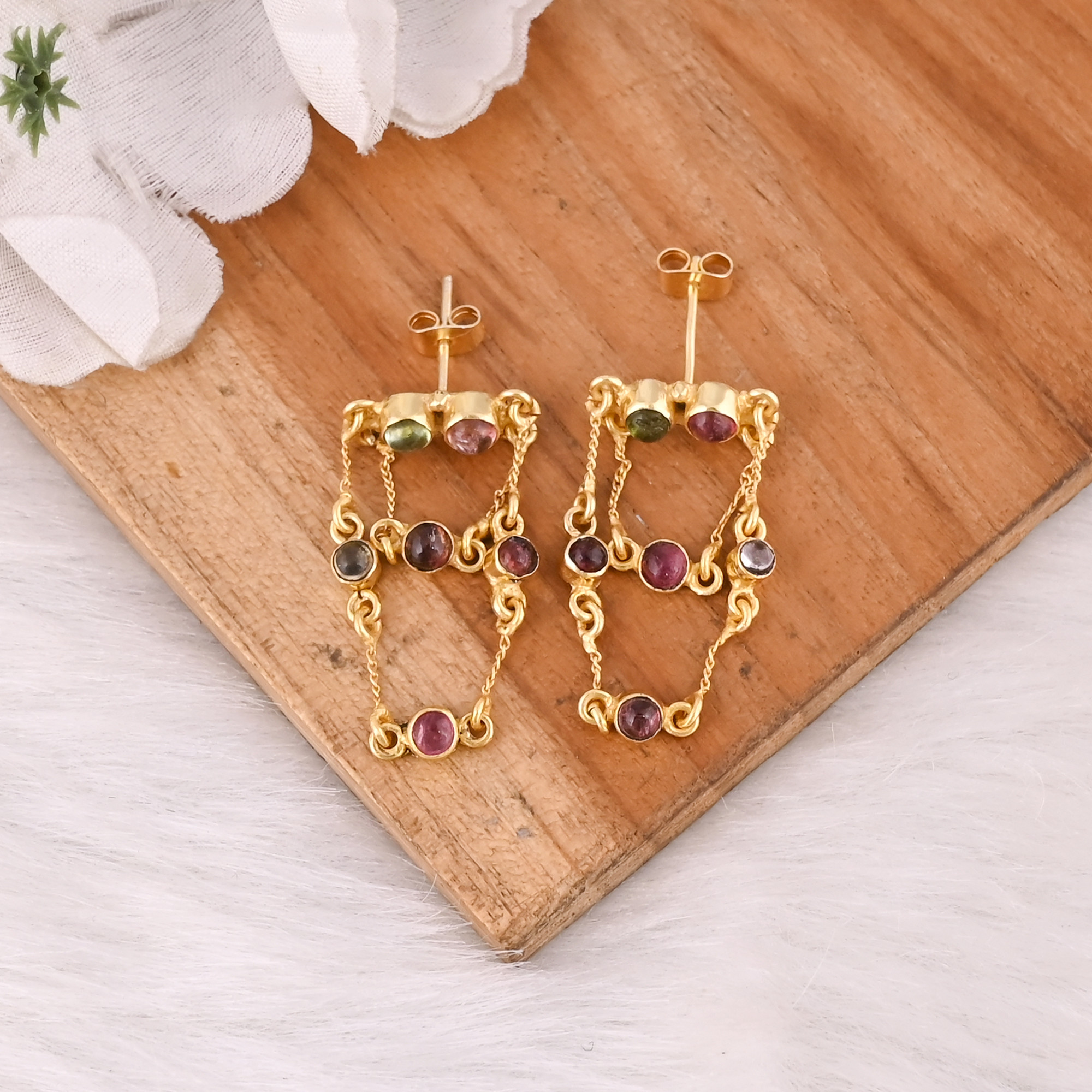 Natural Multi Tourmaline Gold Plated Stud Earring 925 Sterling Silver Push Back Stud Women Anniversary Gift Wholesale Bulk