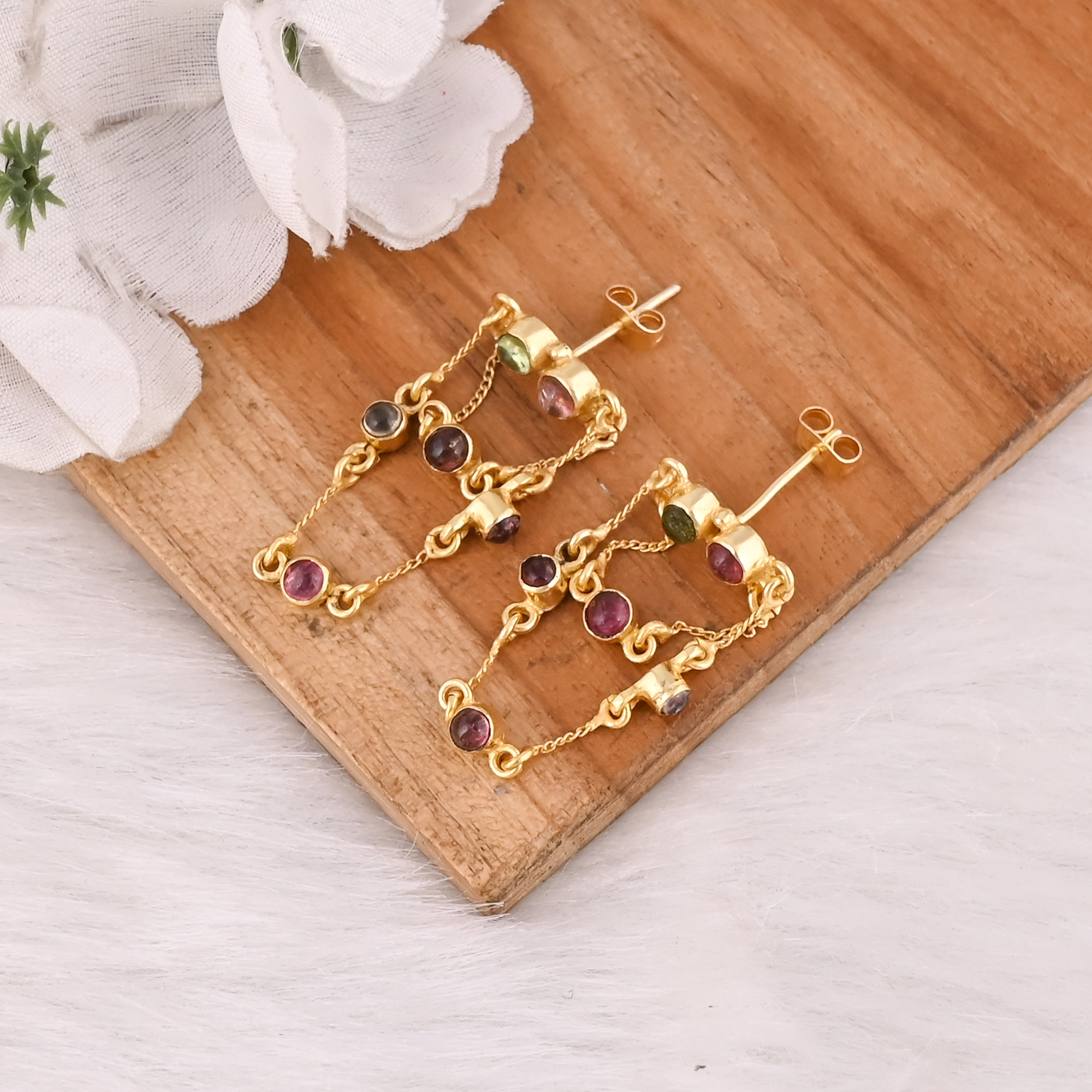 Natural Multi Tourmaline Gold Plated Stud Earring 925 Sterling Silver Push Back Stud Women Anniversary Gift Wholesale Bulk