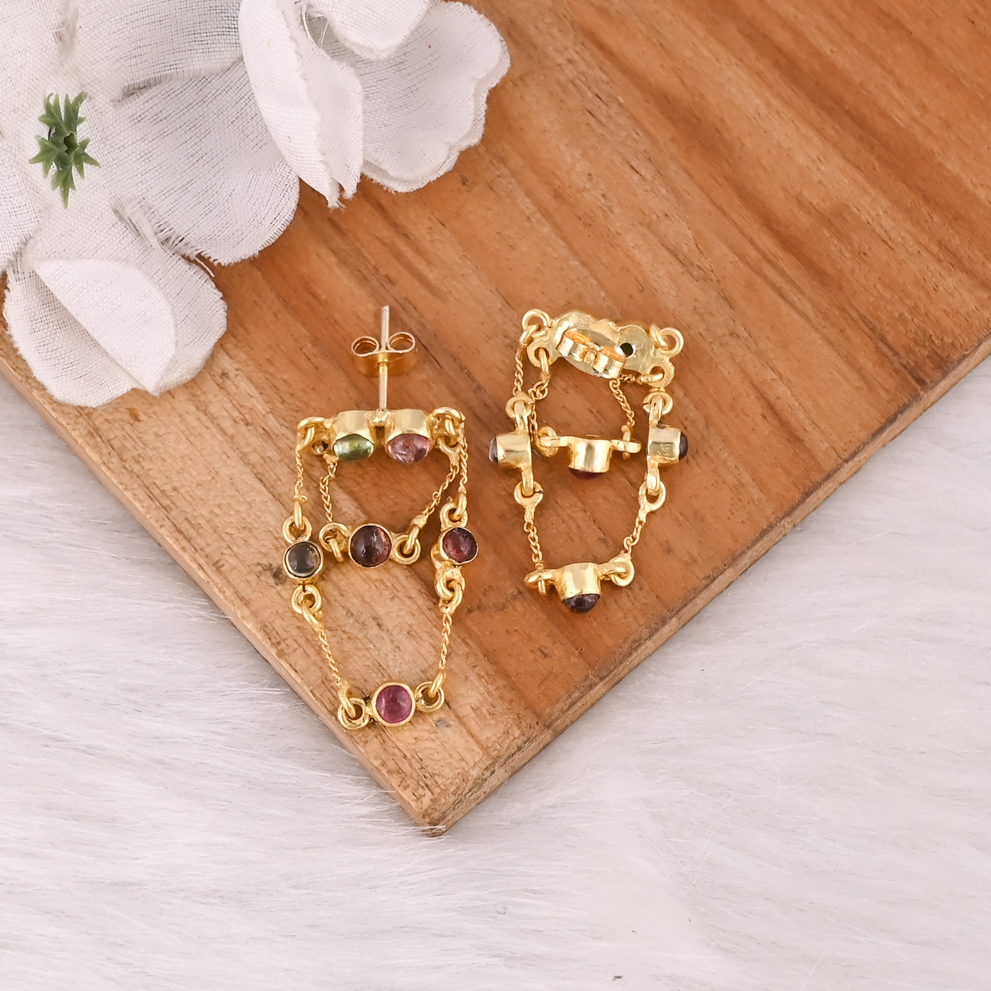 Natural Multi Tourmaline Gold Plated Stud Earring 925 Sterling Silver Push Back Stud Women Anniversary Gift Wholesale Bulk