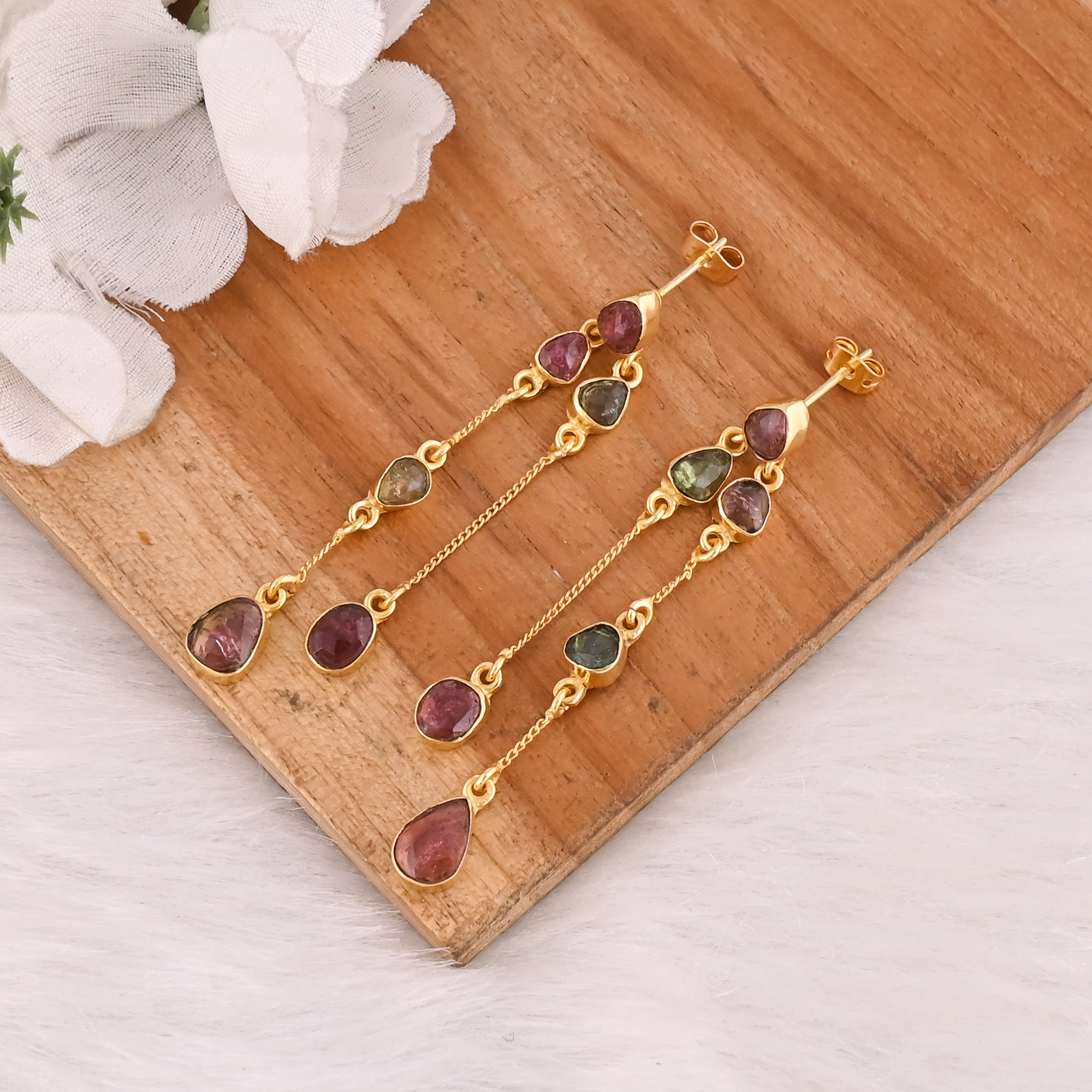 925 Sterling Silver Dangle Stud Earrings With Tourmaline Gemstone Drop Jewelry for Women and Girls Gold Plated Earrings