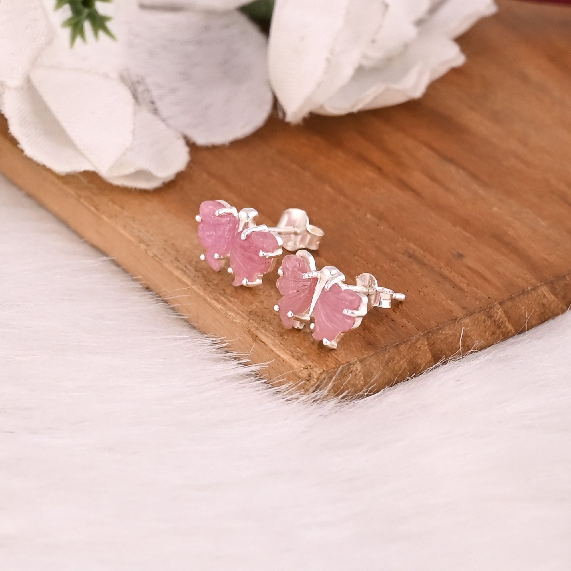 Natural Bio Tourmaline Gemstone Handmade Designer 925 Sterling Silver Carving Gemstone Stud Earring Handmade Jewelry