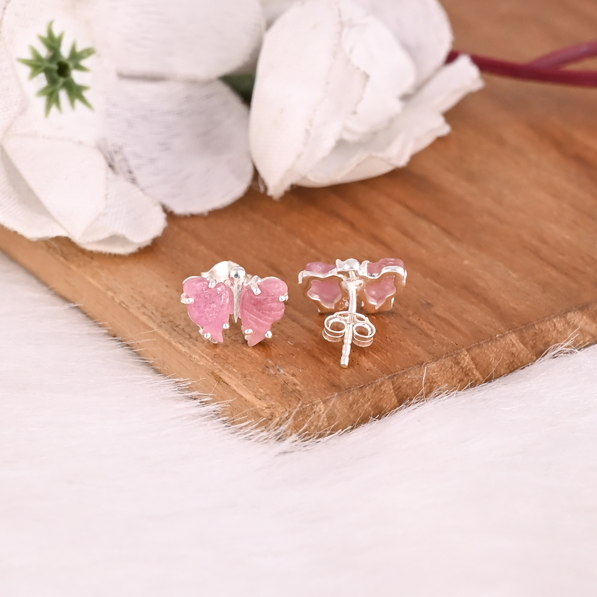 Natural Bio Tourmaline Gemstone Handmade Designer 925 Sterling Silver Carving Gemstone Stud Earring Handmade Jewelry