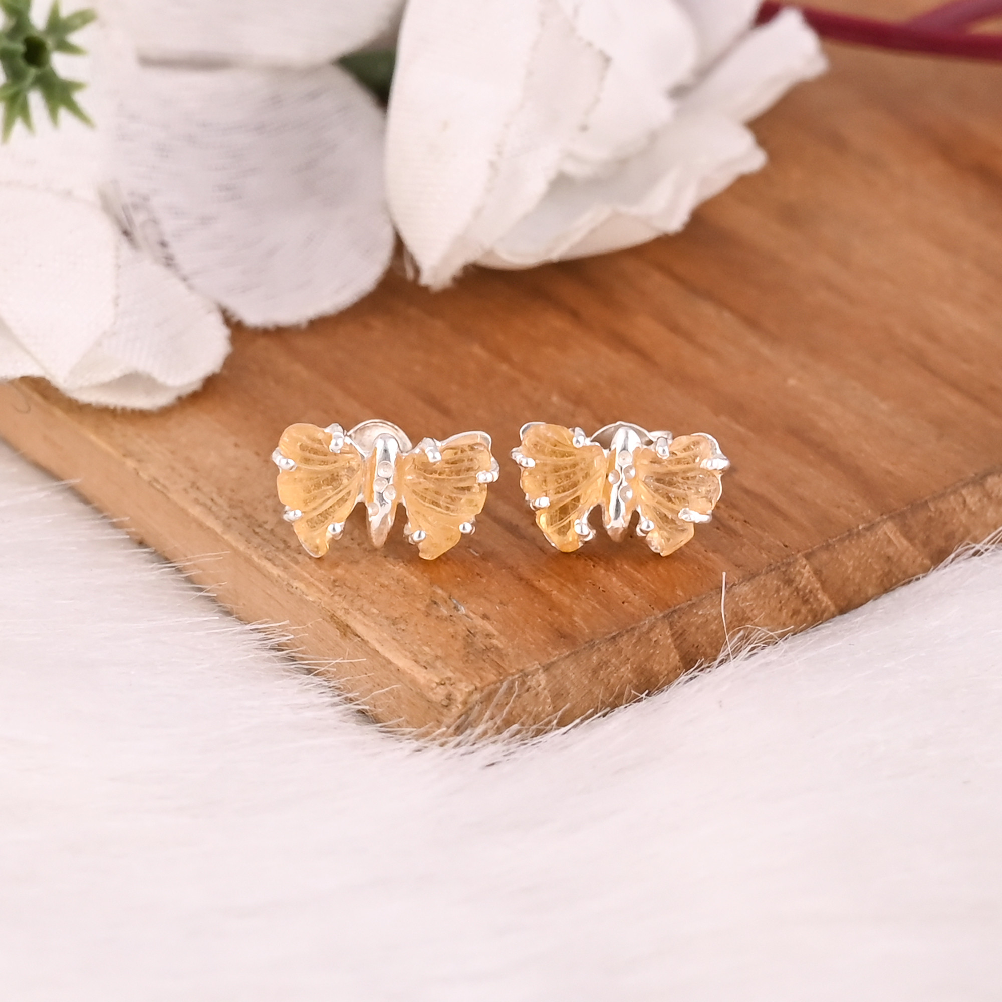 Natural Bio Tourmaline Gemstone Handmade Designer 925 Sterling Silver Carving Gemstone Stud Earring Handmade Jewelry Butterfly Jewelry