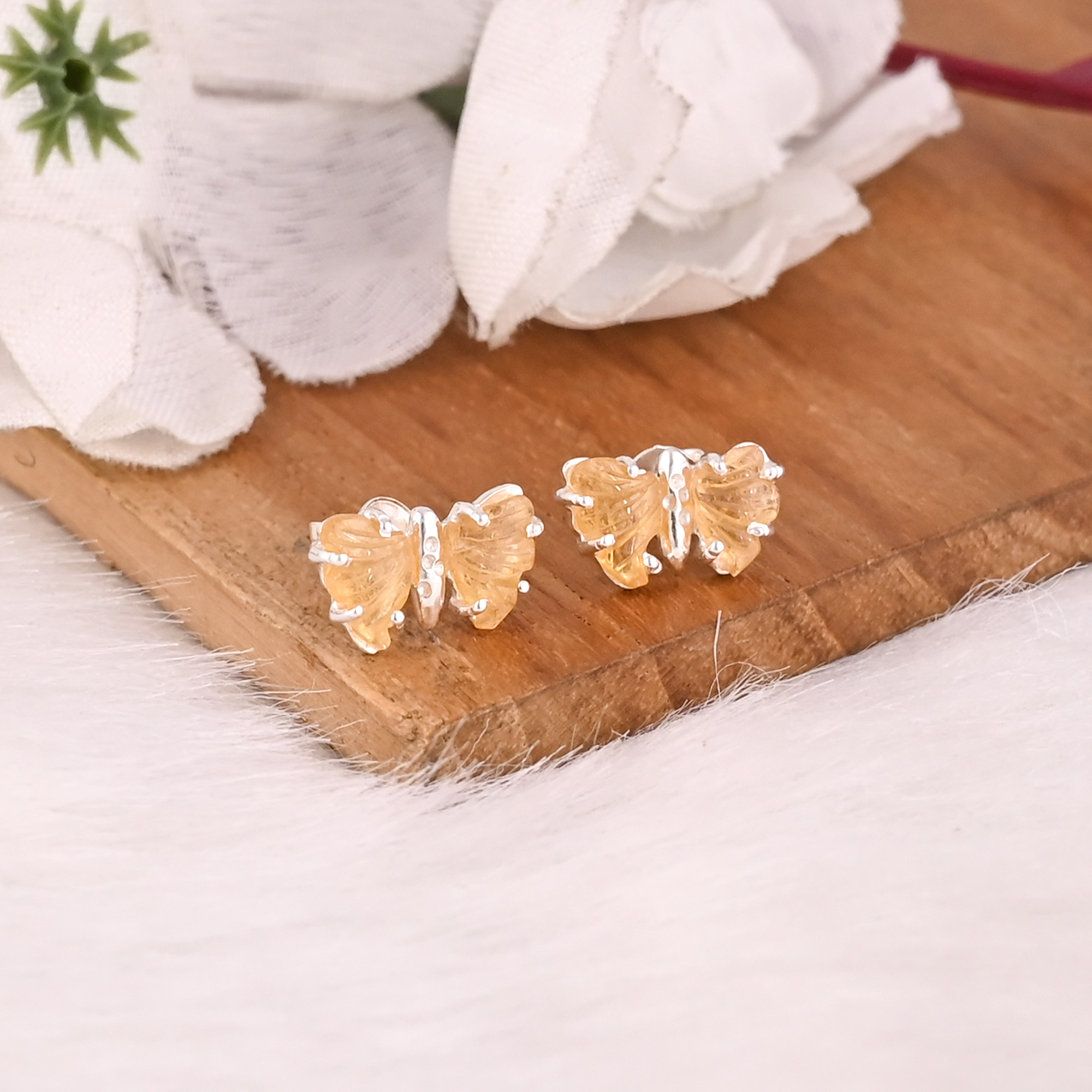 Natural Bio Tourmaline Gemstone Handmade Designer 925 Sterling Silver Carving Gemstone Stud Earring Handmade Jewelry Butterfly Jewelry