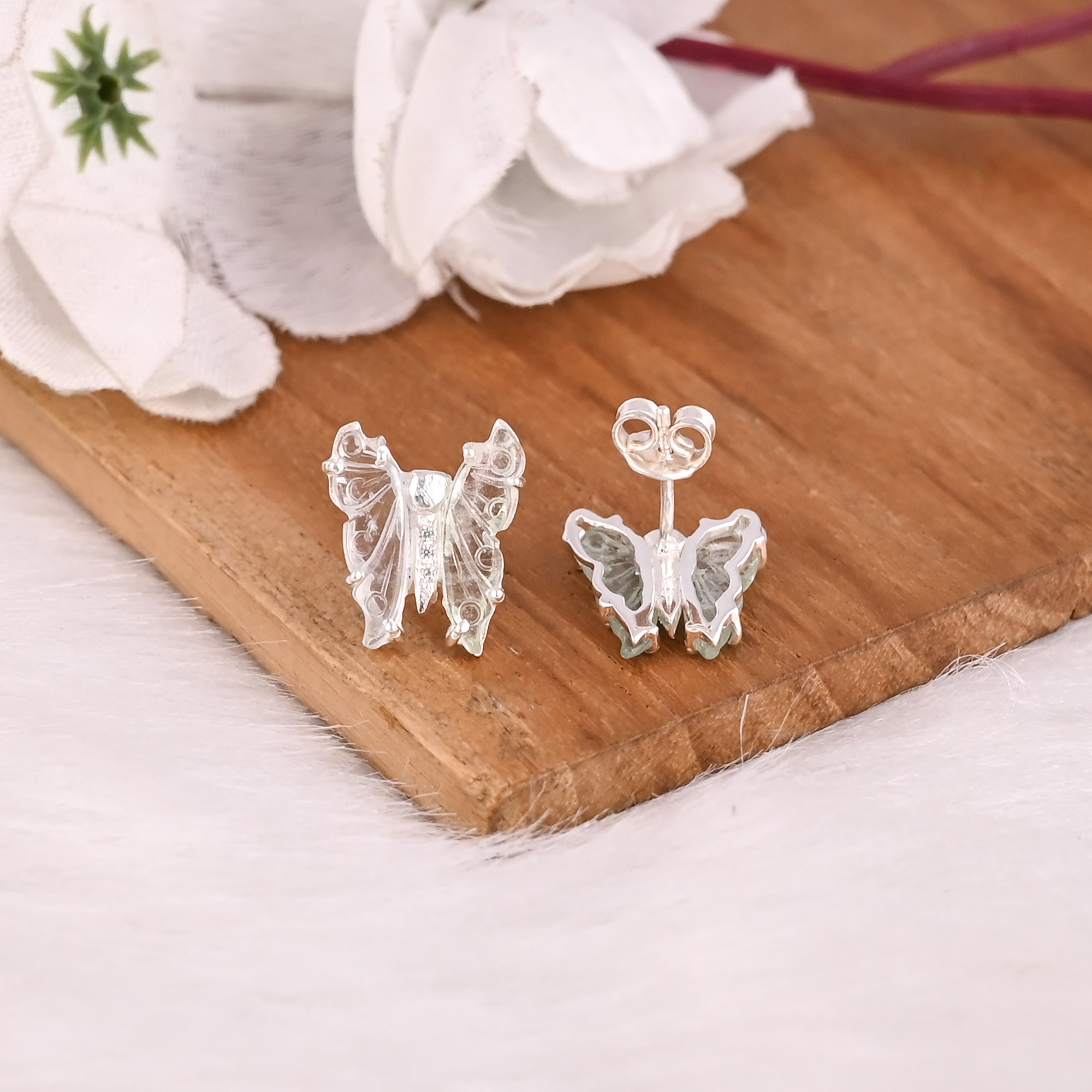 Natural Bio Tourmaline Gemstone Handmade Handcrafted 925 Sterling Silver Butterfly Stud Earring