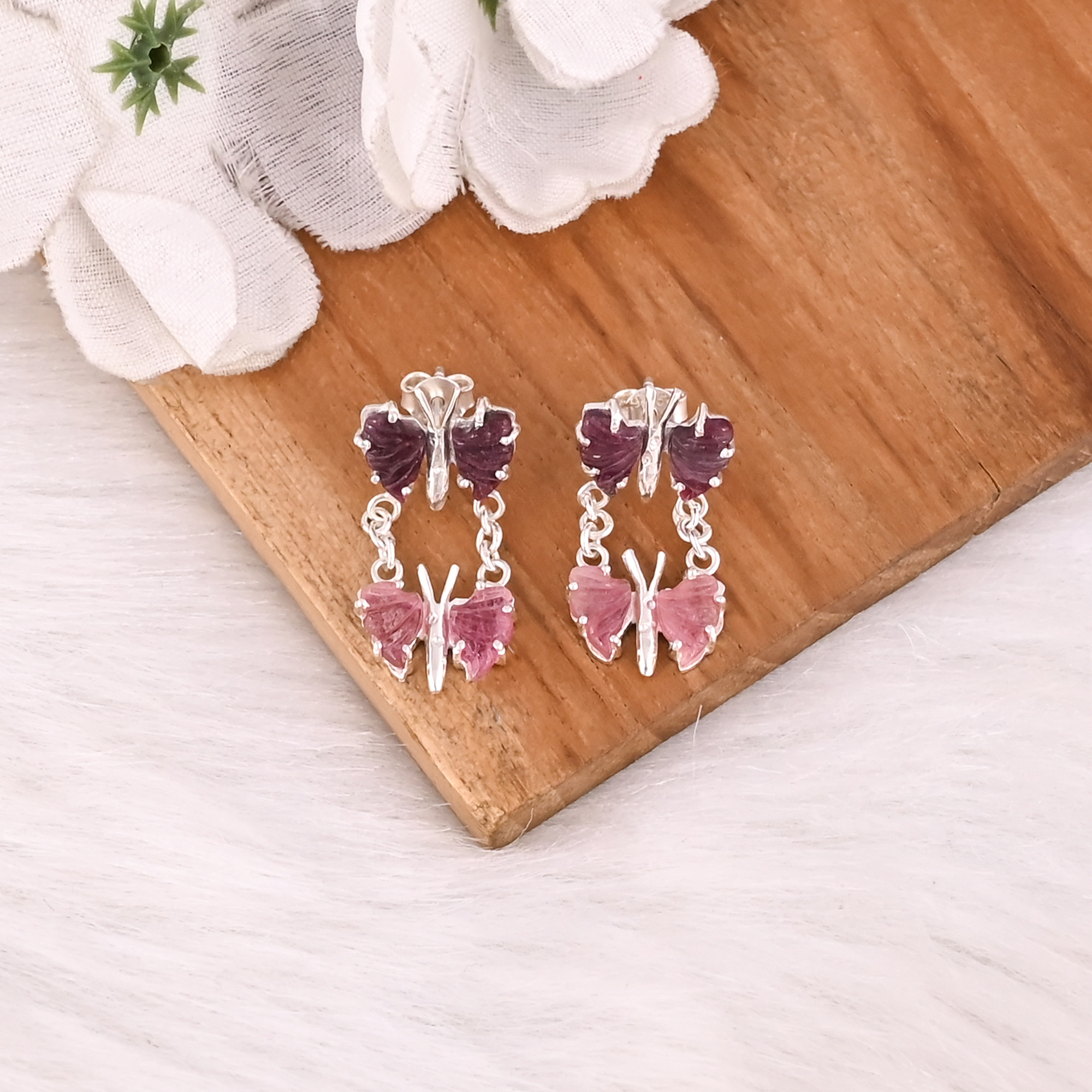 Natural Bio Tourmaline Gemstone Butterfly Earring Women Stud Earrings Carving Gemstone Earring