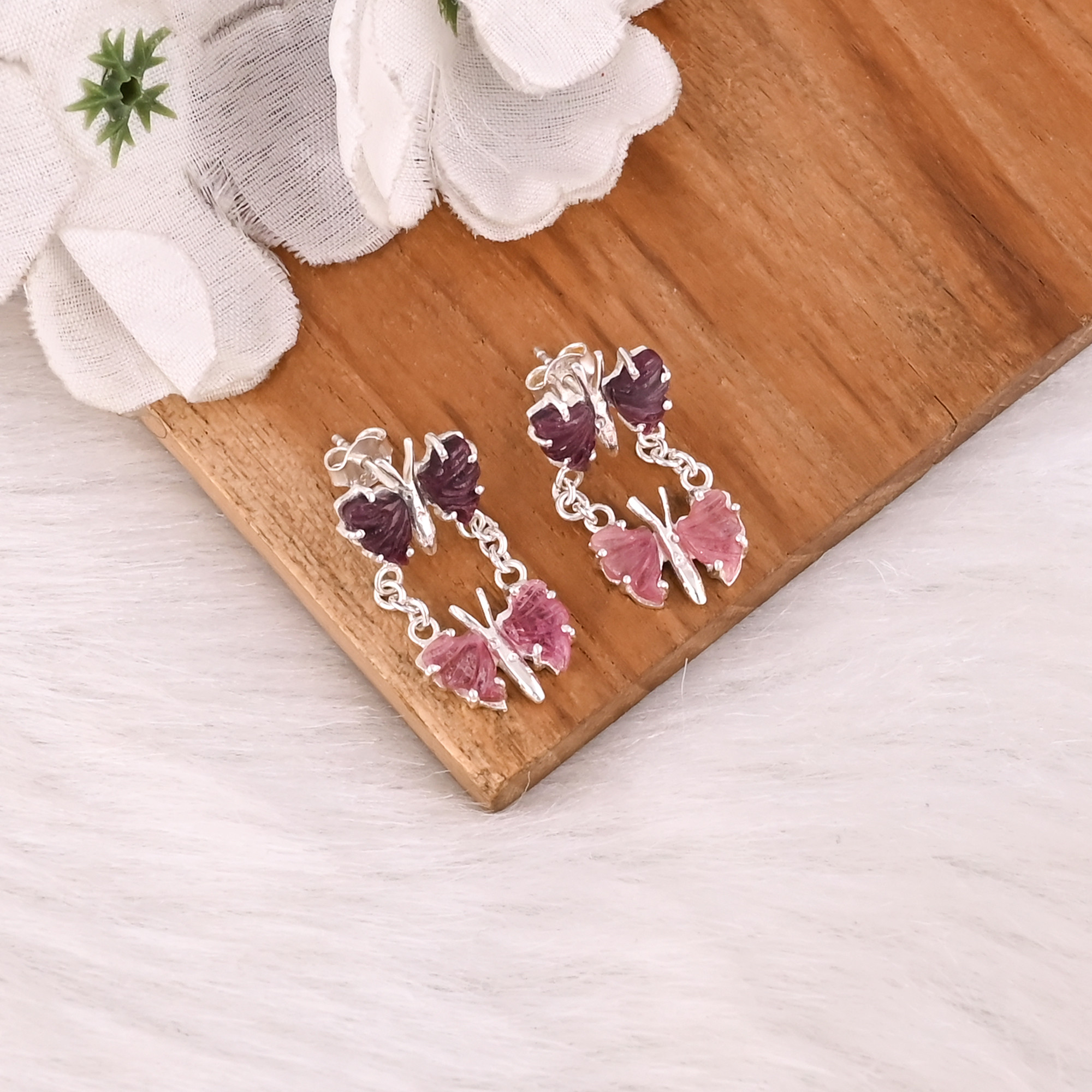 Natural Bio Tourmaline Gemstone Butterfly Earring Women Stud Earrings Carving Gemstone Earring