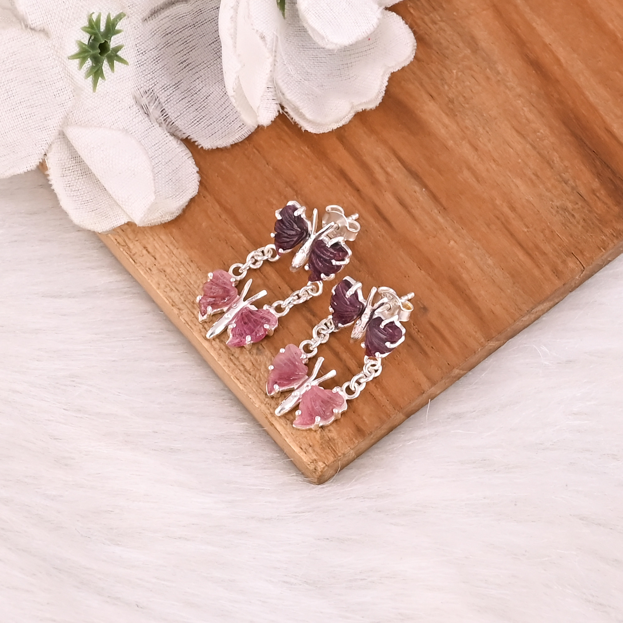 Natural Bio Tourmaline Gemstone Butterfly Earring Women Stud Earrings Carving Gemstone Earring