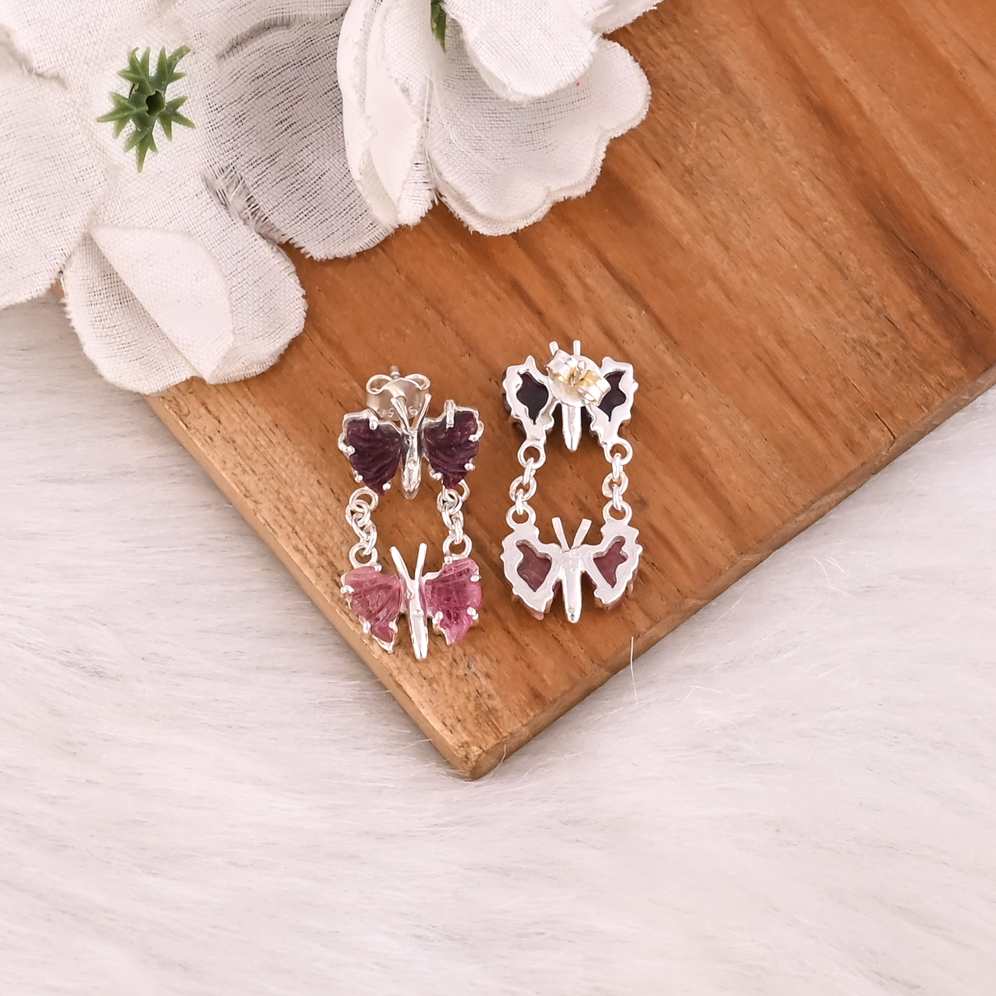 Natural Bio Tourmaline Gemstone Butterfly Earring Women Stud Earrings Carving Gemstone Earring