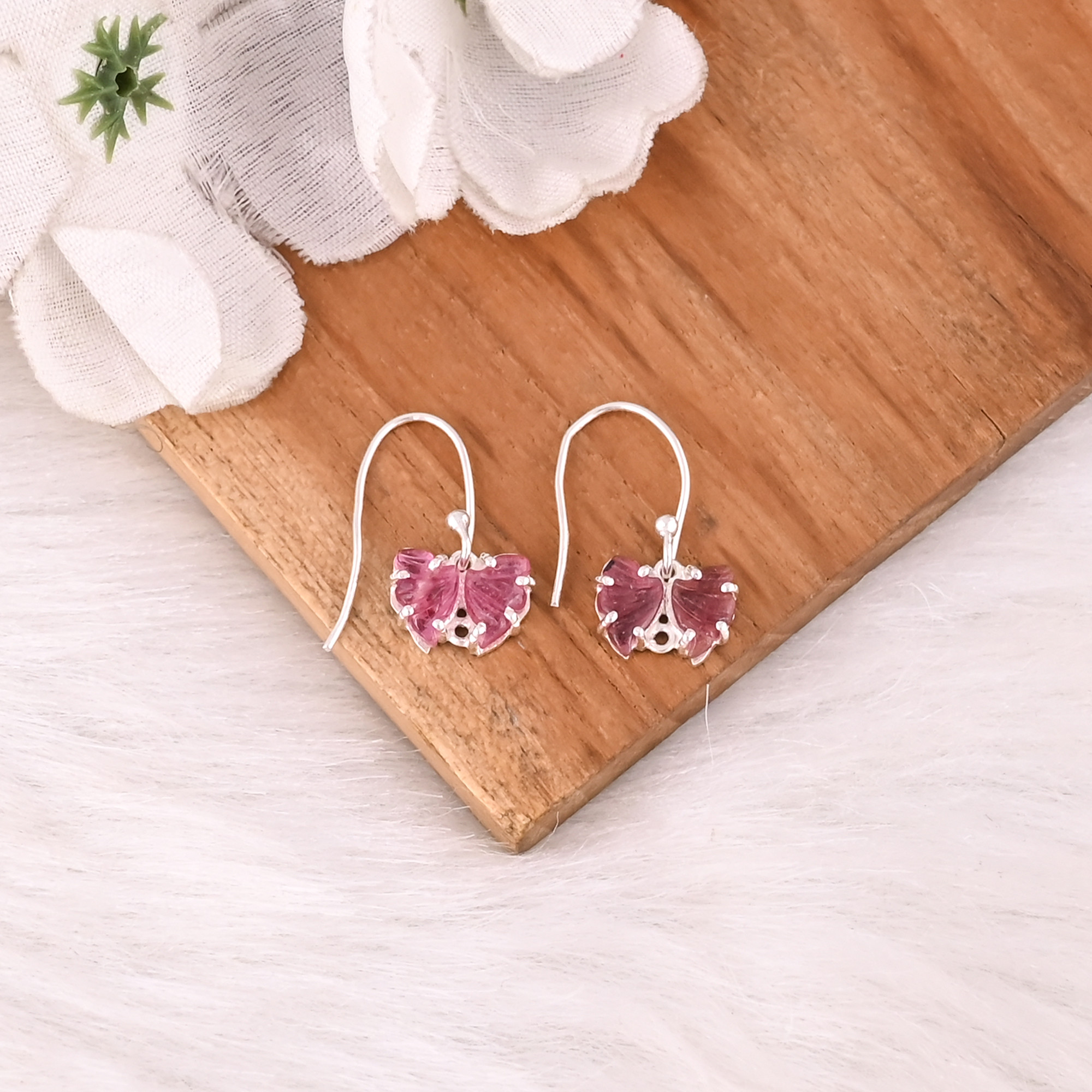 Natural Bio Tourmaline Gemstone Butterfly Earring Women Earrings Carving Gemstone Earring Drop Earrings